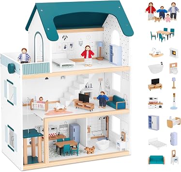 OOOK Maison de Poupées en Bois avec Ascenseur et Famille