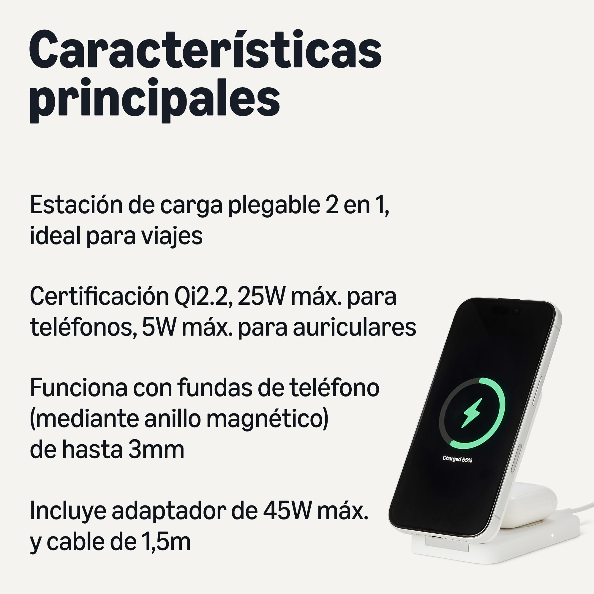Amazon Basics Estación de Carga Inalámbrica 2 en 1 Compatible con MagSafe, Carga Rápida de 25W Máx. y Qi2.2, Soporte para iPhone 17/16/15/14/13/12, AirPods, con Adaptador de 45W máx., Blanco