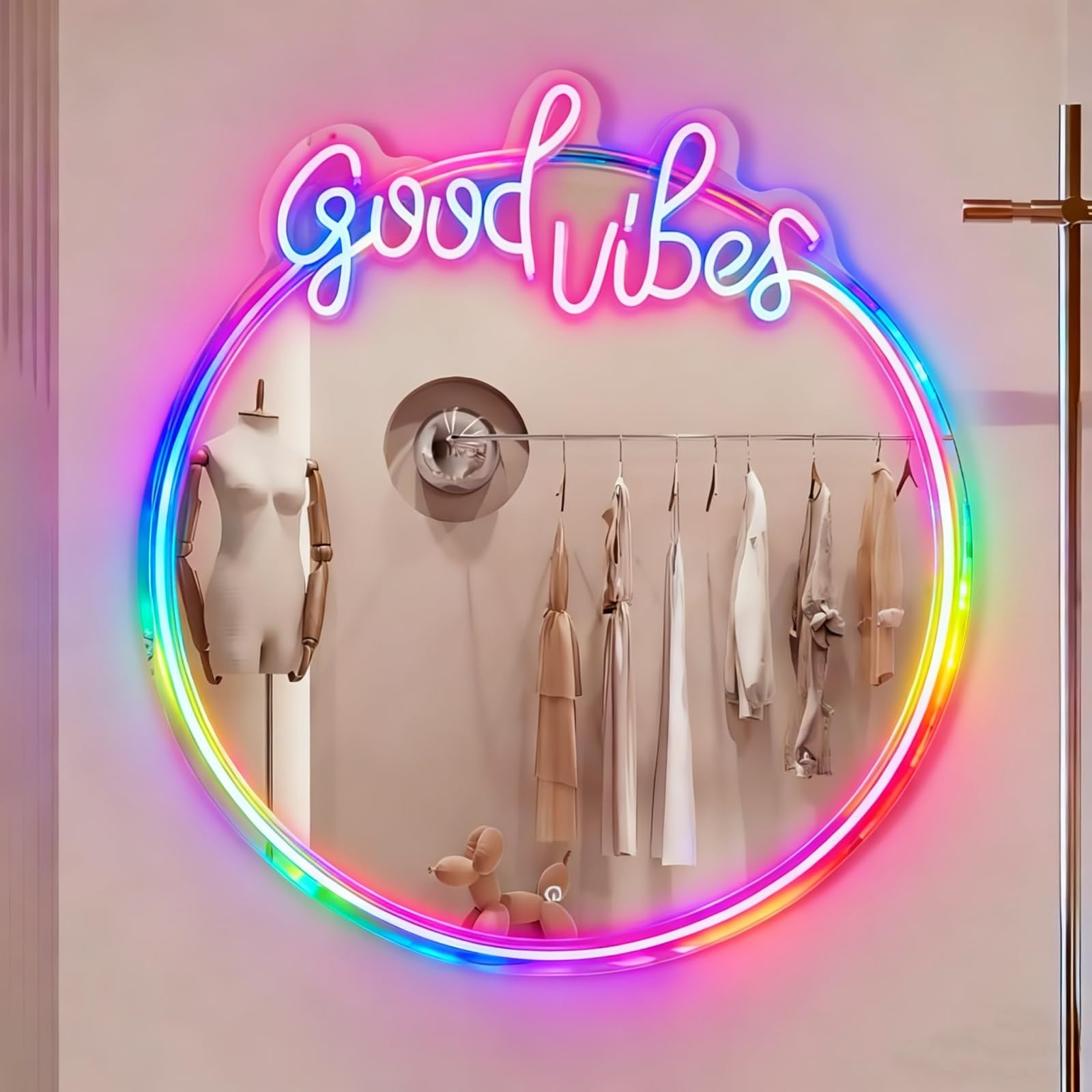 Maimeili Good Vibes RGB Neon Sign Mirror - Wedding Home Decor Wall Art Light for Bedroom Living Room Dressing Room Party Decorations