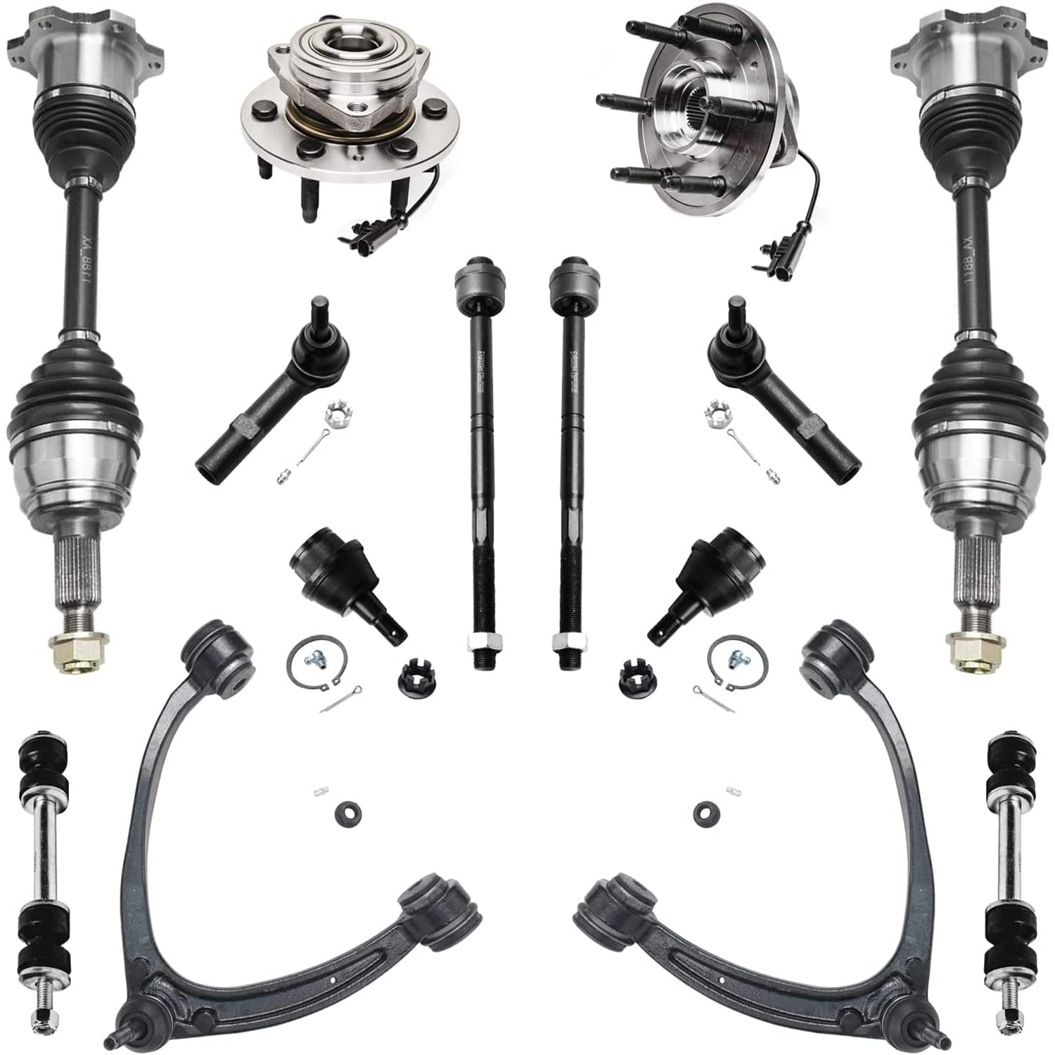 Detroit Axle - 4WD Front End Kit for Silverado Sierra 1500 GMC Yukon Chevy Avalanche Tahoe Cadillac Escalade ESV, Upper Control Arms Tie Rods Lower Ball Joints CV Axles Wheel Bearing Hubs Replacement