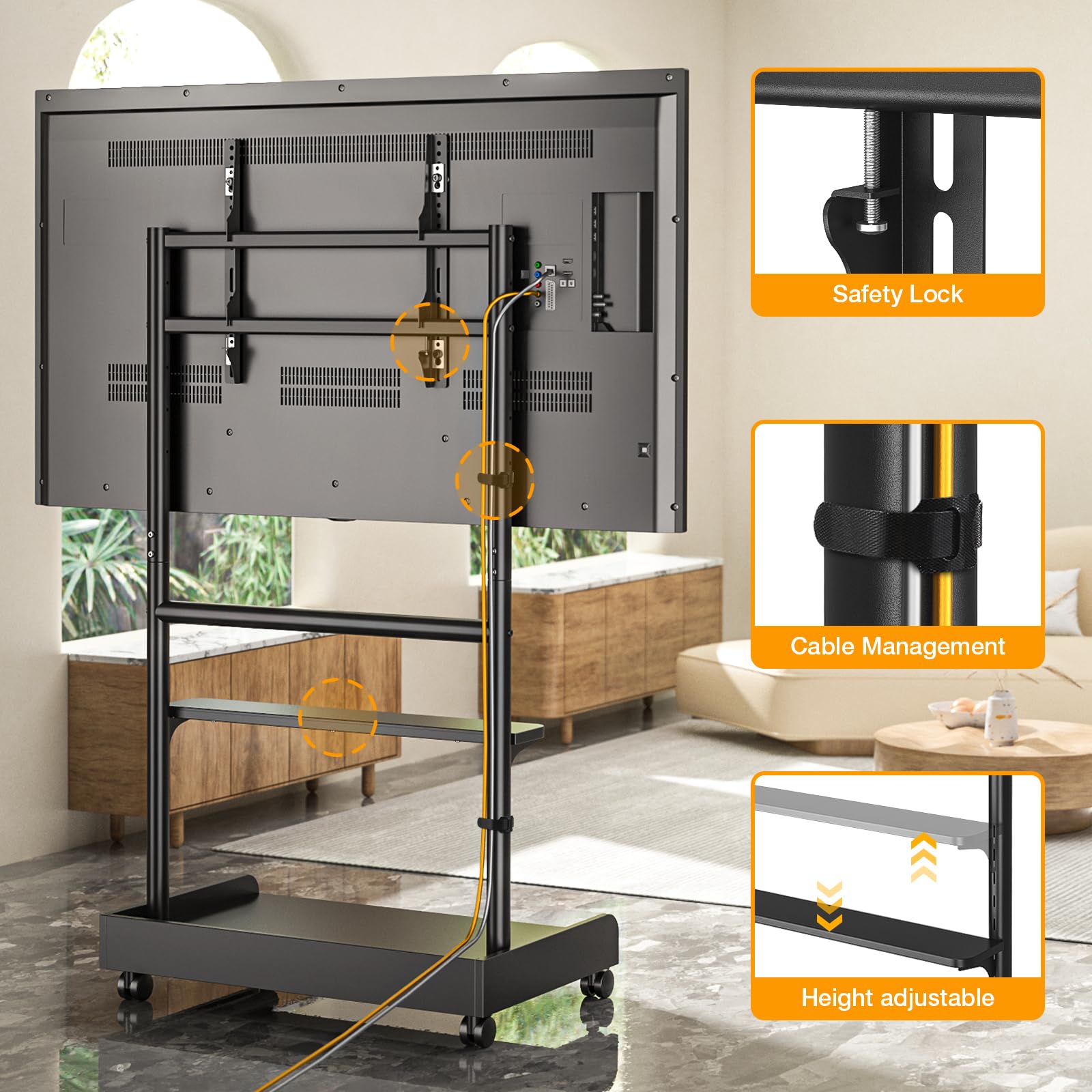 TVON Support TV sur Pied pour Téléviseur de 40-86 Pouce Ecran LED LCD Plasma, Support TV roulettes avec Socle en Bois Réglable en Hauteur Chariot TV avec Étagère Jusqu 'à 68 kg Max VESA 600x400 mm