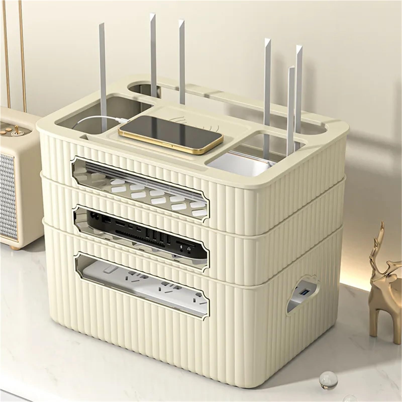 Router Schrank WiFi-Router-Aufbewahrungsbox, Hider, Steckerbrett, Kabel, Draht, Organizer, Gehäuse, Sockel, Desktop, Datenleitung, Regal(White)