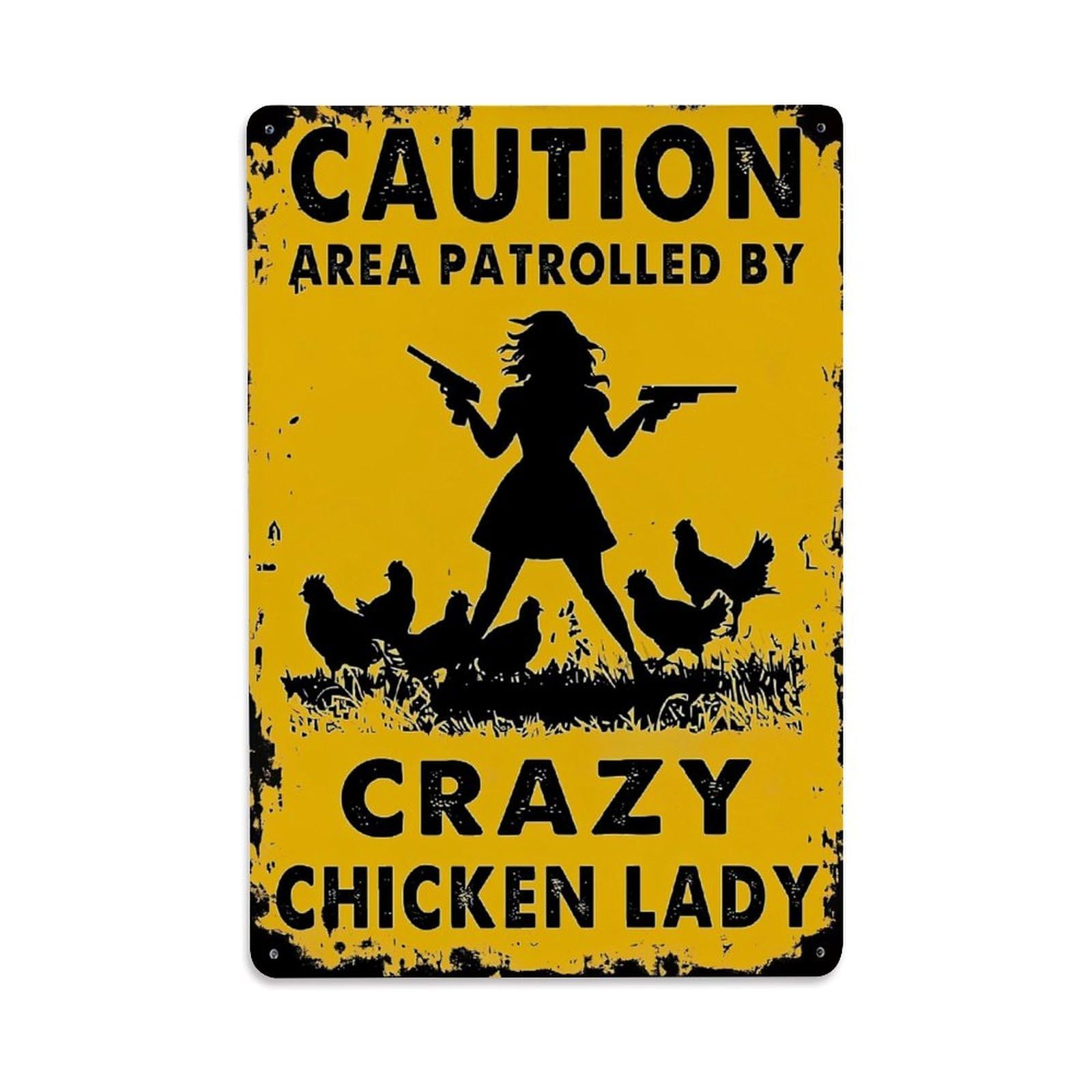 Bliveurn Vintage Caution Area Patrolled By Crazy Chicken Lady Retro Metal Tin Sign, Metal Poster For Home, Gaming Room, Studio Workshop,Bar,Garage Wall Art Decor 8X12 Inch
