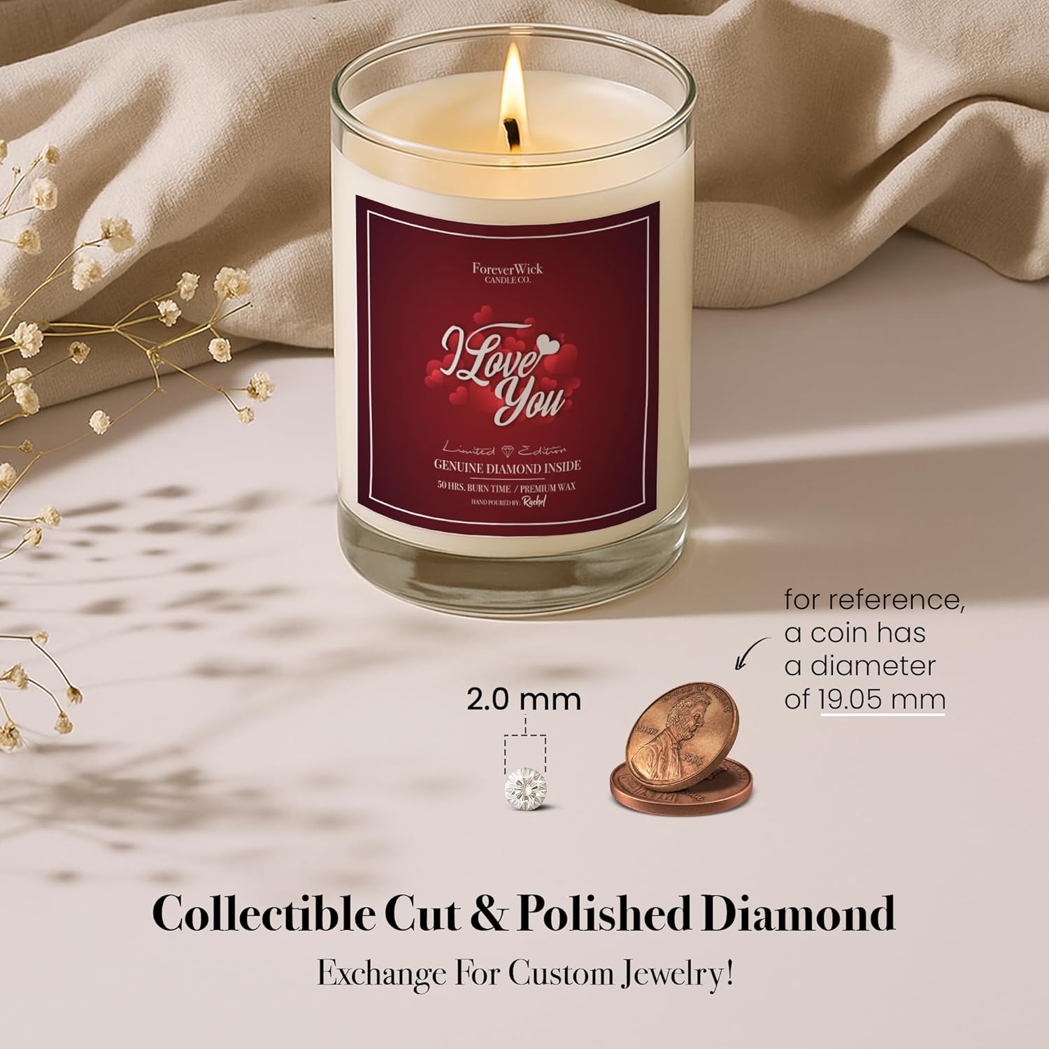 I Love You Surprise Candle with Diamond Inside | Foreverwick Candles | Scented Soy Candles Gifts for Women Anniversary Candle Wax | Romance Candles All-Natural Organic Soy Candle 14oz | 70h