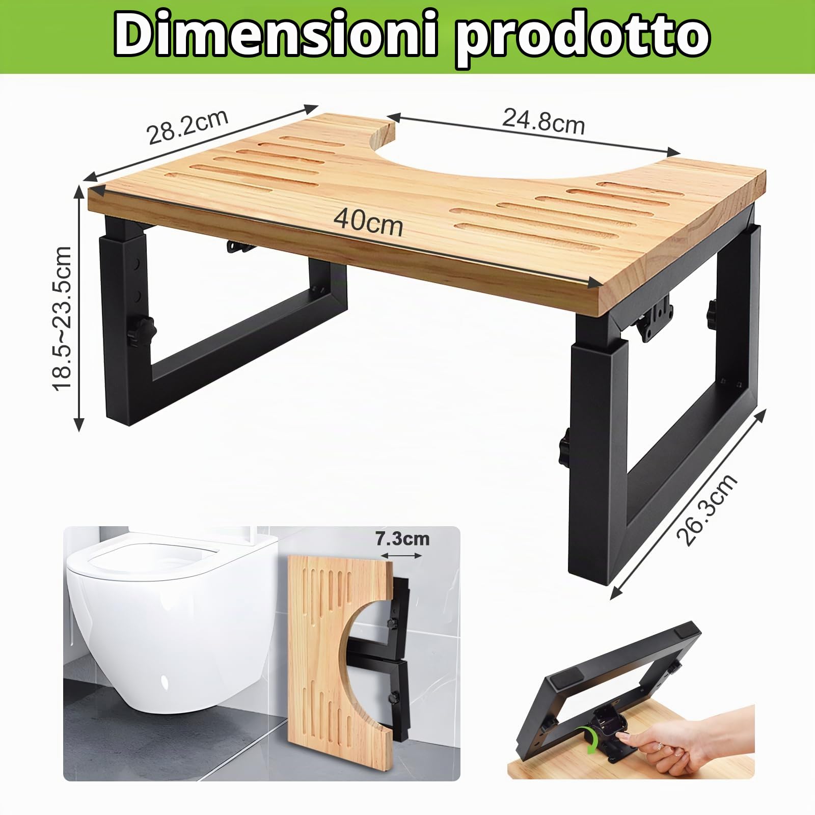 Sgabello WC Pieghevole in Legno, Altezza Regolabile Sgabello Poggiapiedi Bagno con Pad Antiscivolo, Squatty Toilette per Adulti Bambini e Anziani