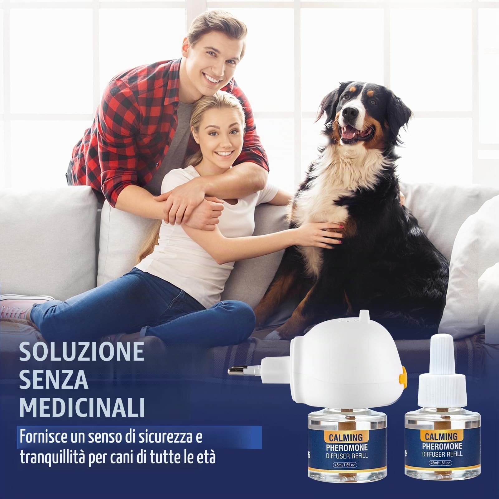 Feromoni per Cani Calmante 3 in 1 Tranquillit Kit(1 Diffusore + 2 Ricaricha 48ml) Calmanti Cane Calm Irrequieti Stressati per Rilassanti E Tranquillanti Cani Diffusore 60 Giorni Sapore Di Insapore