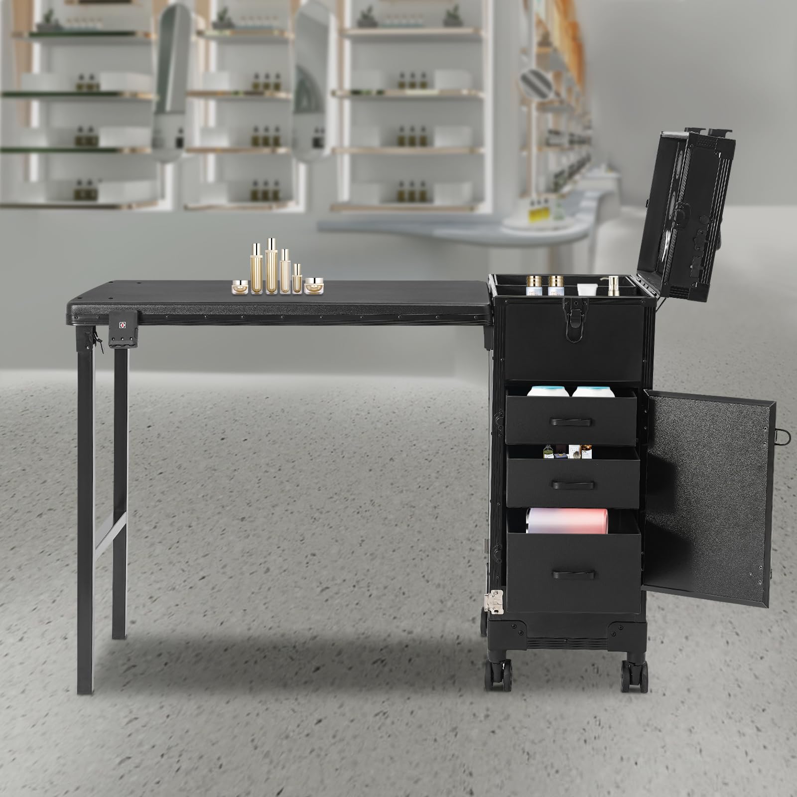 Trousse de maquillage professionnelle avec table, miroir LED et 3 tiroirs, table de manucure pour manucure, capacité de charge totale de 50 kg, couleur noire