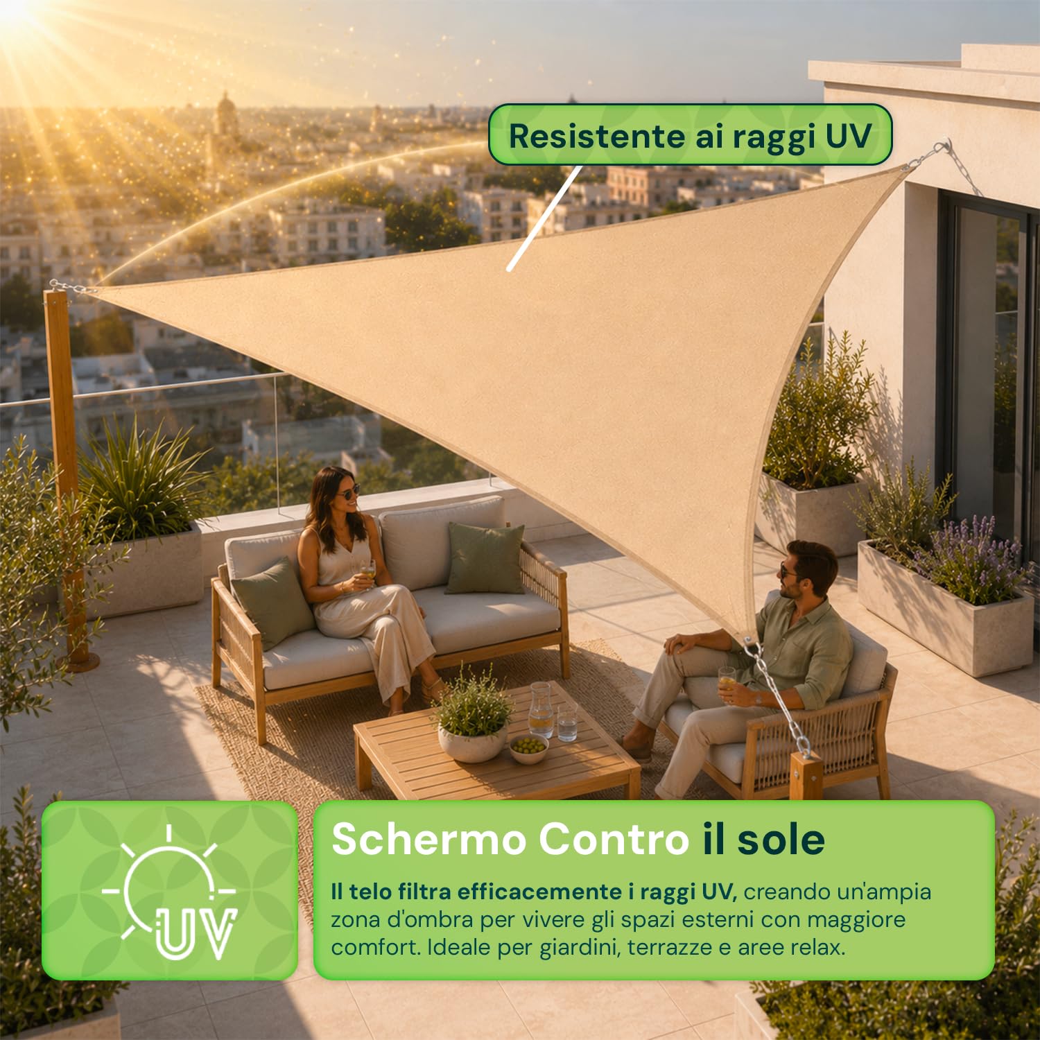 Tenda a Vela Parasole Ombreggiante Traspirante Permeabile Telo Telone per Esterno, Giardino, Terrazzo, Balcone Rettangolare e Quadrata Resistente ai Raggi UV (Triangolare, 4 x 4 x 4 metri)
