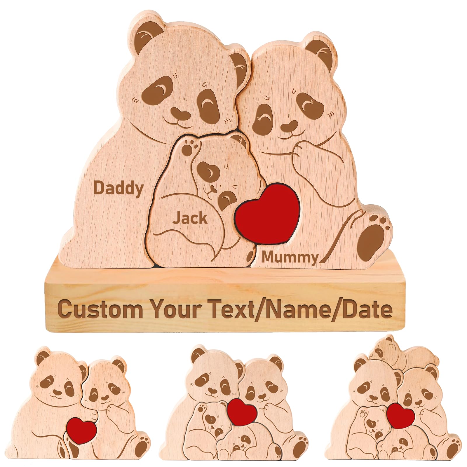 Gifts for Father-Personalized Wooden Bear Puzzle Custom Mama Bear Puzzle with 2-7 Names for Home Decor Personalized Gifts for Mother's Day Father's Day Birthday Christmas House Warming (Panda)