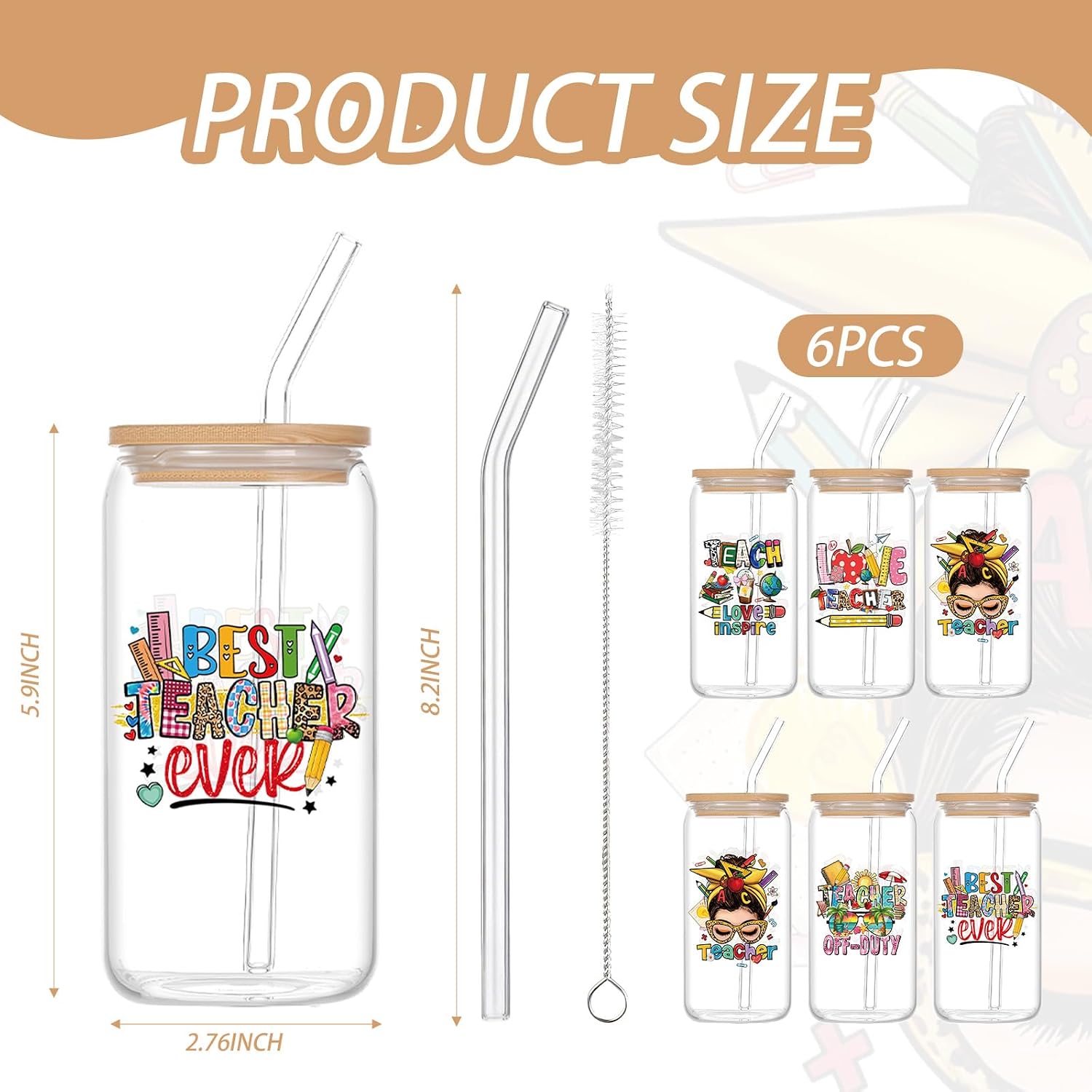 6 Pcs Teacher Appreciation Cups, 16 oz Glass Cups with Lids and Straws for Teachers, Thank You Appreciation Gifts for Teacher Graduation Gift