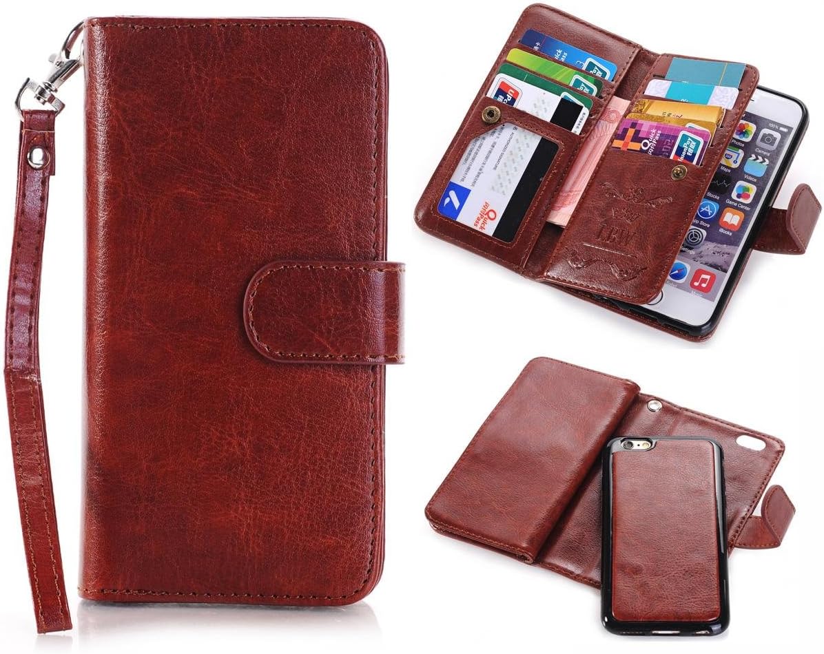 for iPhone 6/6s Plus Case, LIBERWILL Luxury PU Leather Detachable Wallet Folio Flip Case Cover with Credit Card Slots Holder and Strap for iPhone 6/6s Plus 5.5 Inch (Hot Pink) (Brown)