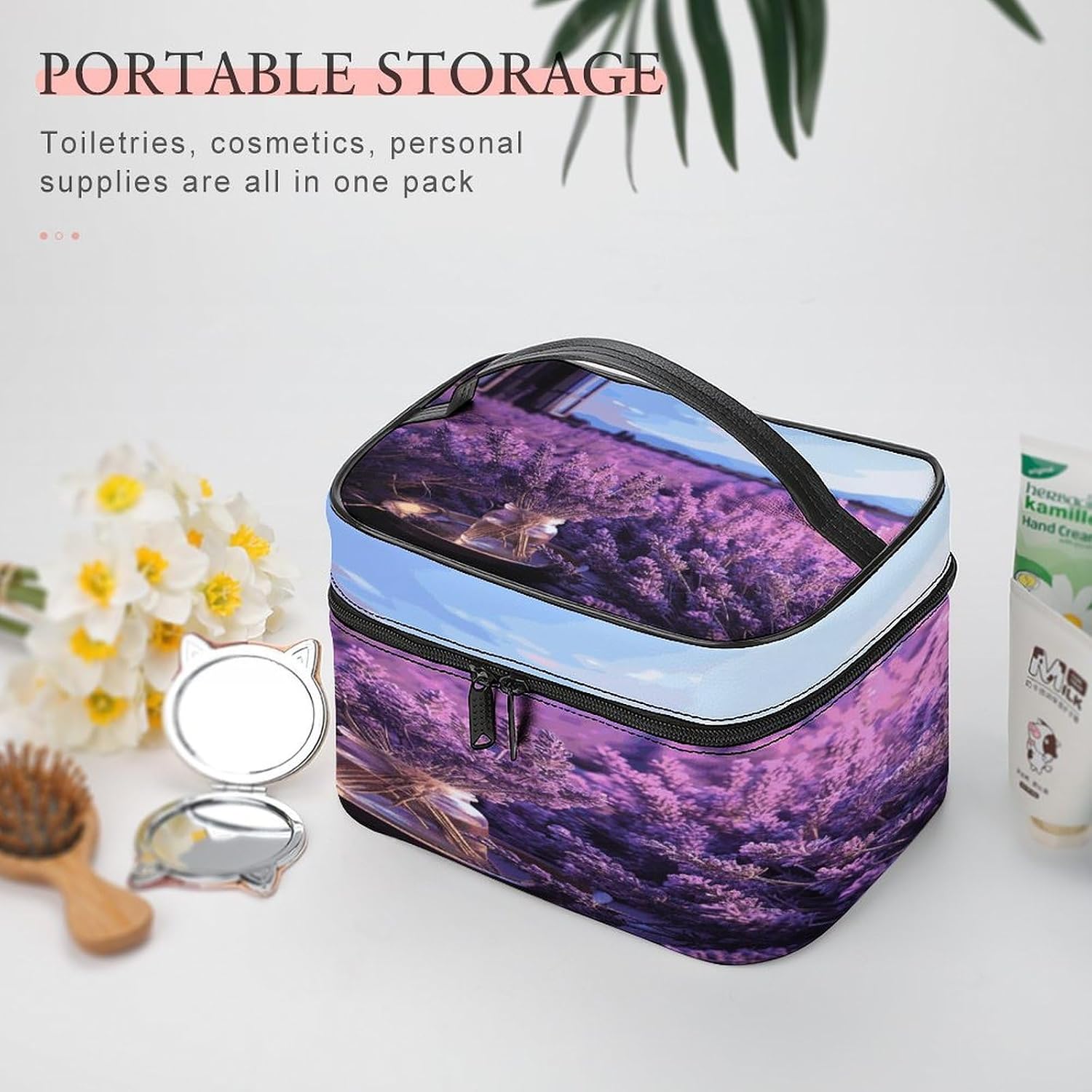 Romantic Lavender Travel Makeup Bags Large Capacity Cosmetic Bag for Women Portable Makeup Artist Organizer Bags Waterproof Make Up Bag Lightweight Hand-held Makeup Case image 5