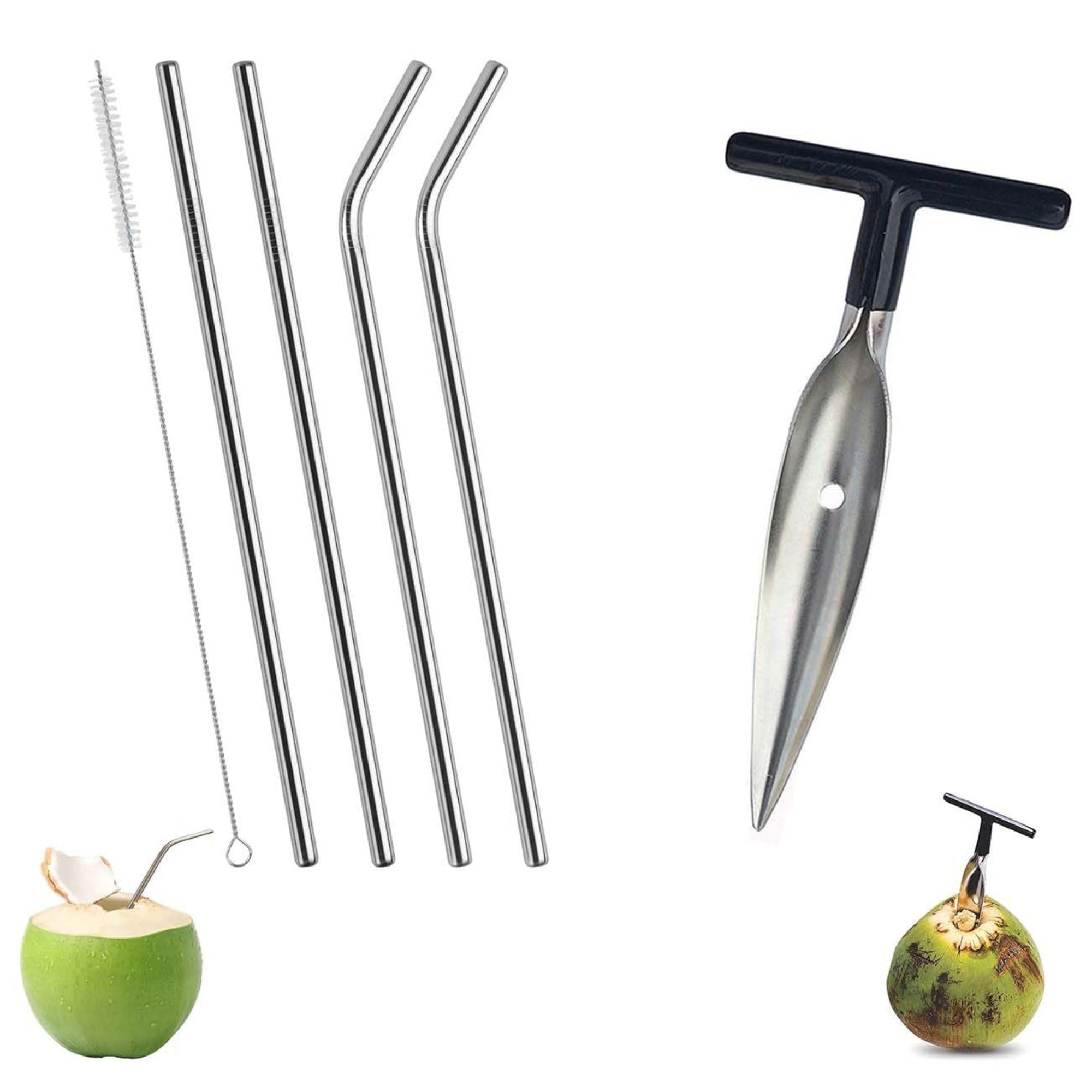 Stainless Steel Coconut Opener Tool + Metal Drinking Straws Set (4-Piece) | Eco-Friendly, Reusable, Food Grade, Portable with Cleaning Brush & Pouch | for Coconut Water, Juice, Smoothie-image-23