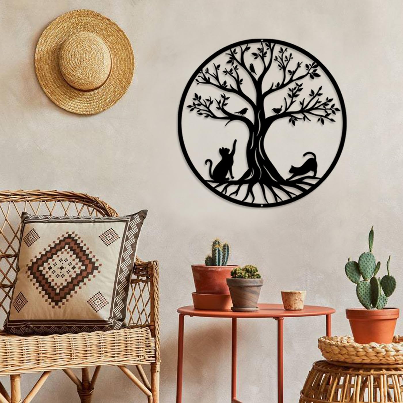 Luccyle Arbre de vie en métal Décoration,Art Mural en Métal,Art de l'arbre de Vie,Décorations intérieures et extérieures pour la Chambre à Coucher (Cat 50cm)