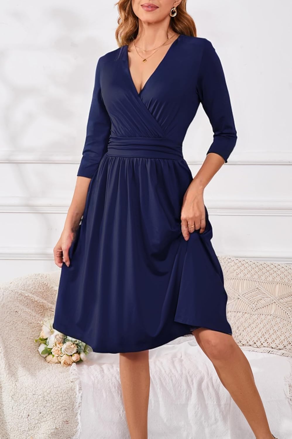 Women's Casual Dresses Vintage Wrap V-Neck 3/4 Sleeve Fit and Flare Midi Dress - Image 4