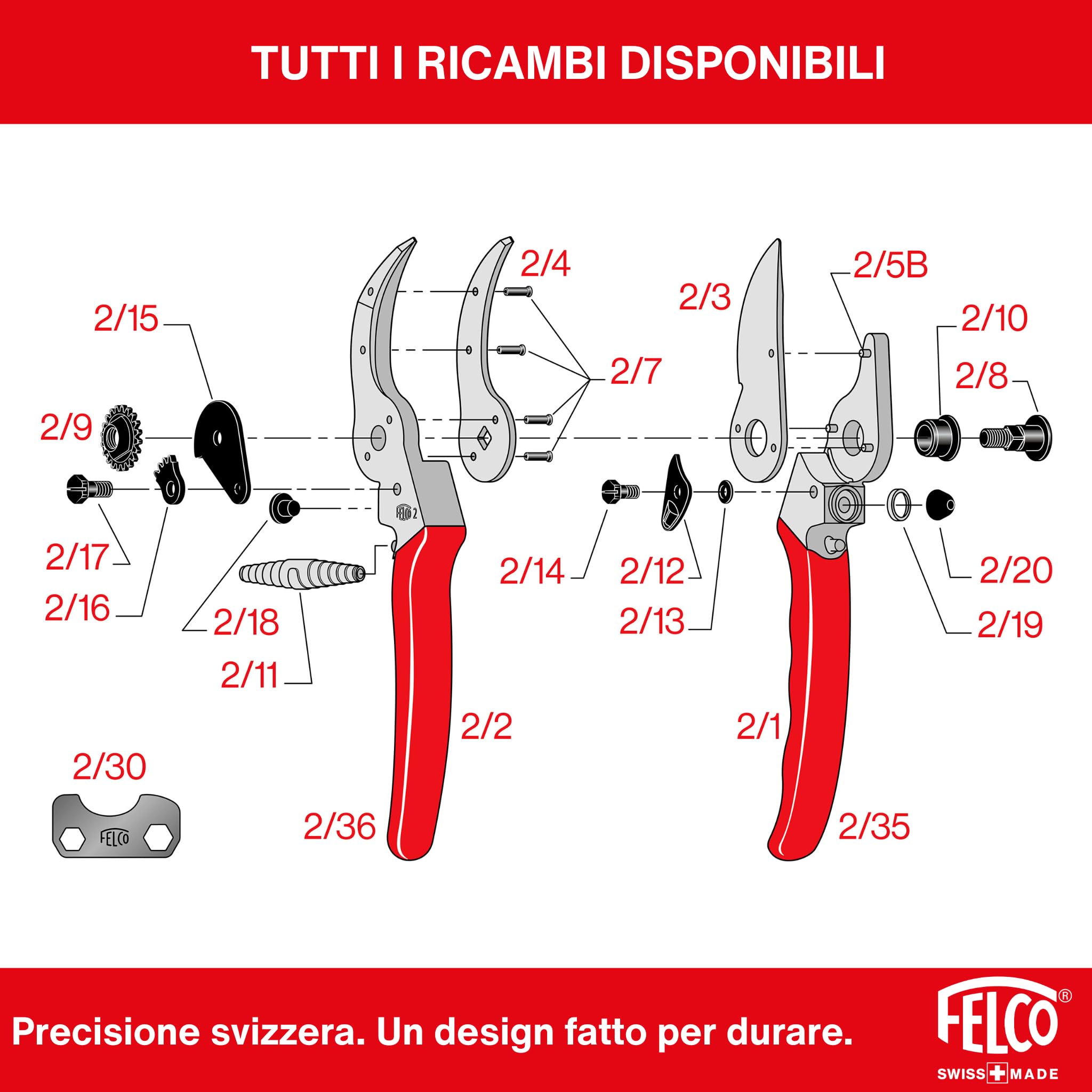 FELCO 2 Cesoia da Potatura Bypass, Mano Destra, Mano Grande, Capacità di Taglio 25mm, Lama in Acciaio Temprato, Manico in Alluminio Forgiato, Made in Switzerland, Garanzia a Vita