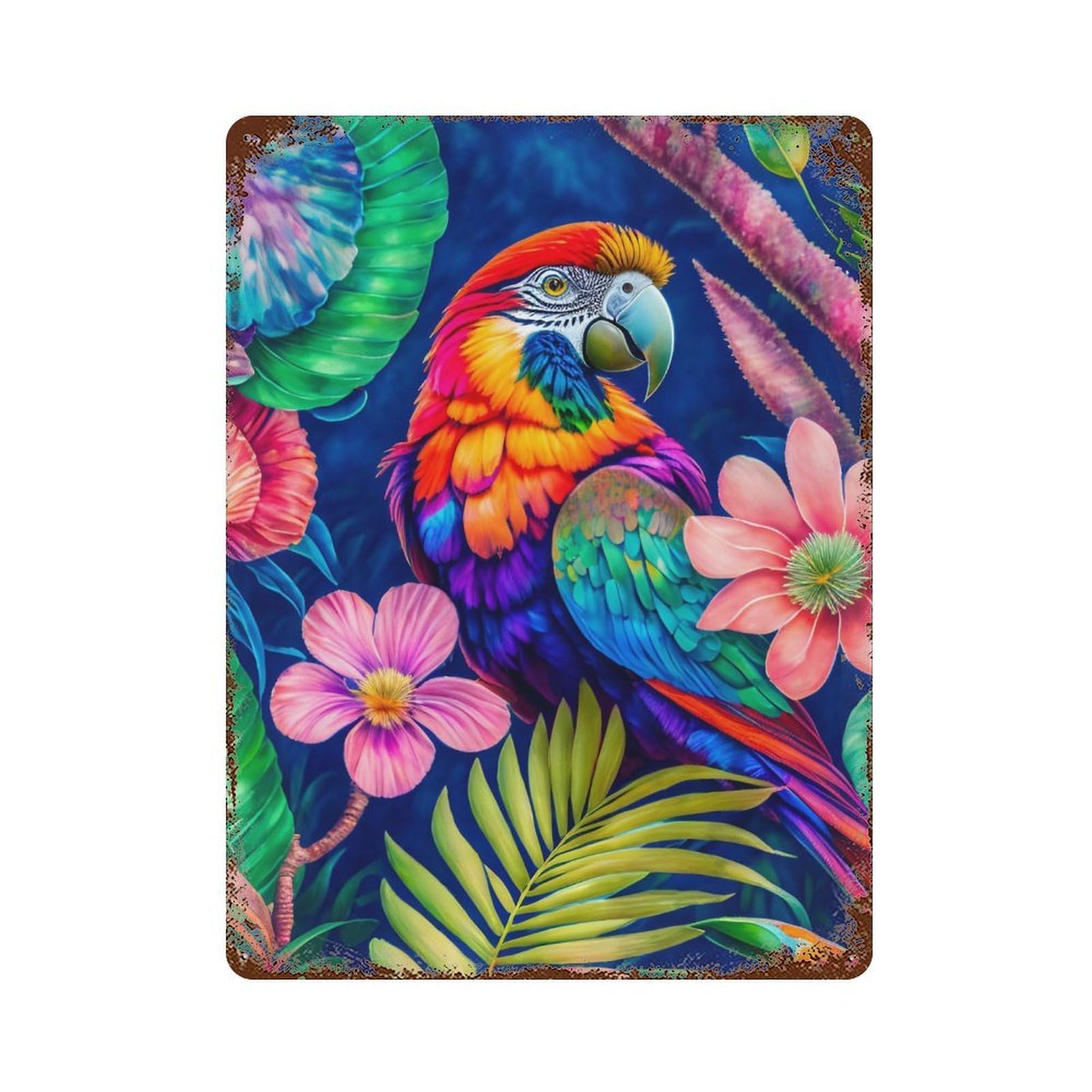 Tropical Parrot Jungle Scene Retro Metal Sign 15.7"x11.8", Decorative Metal Wall Art for Garage, Bar And Workshop Decor