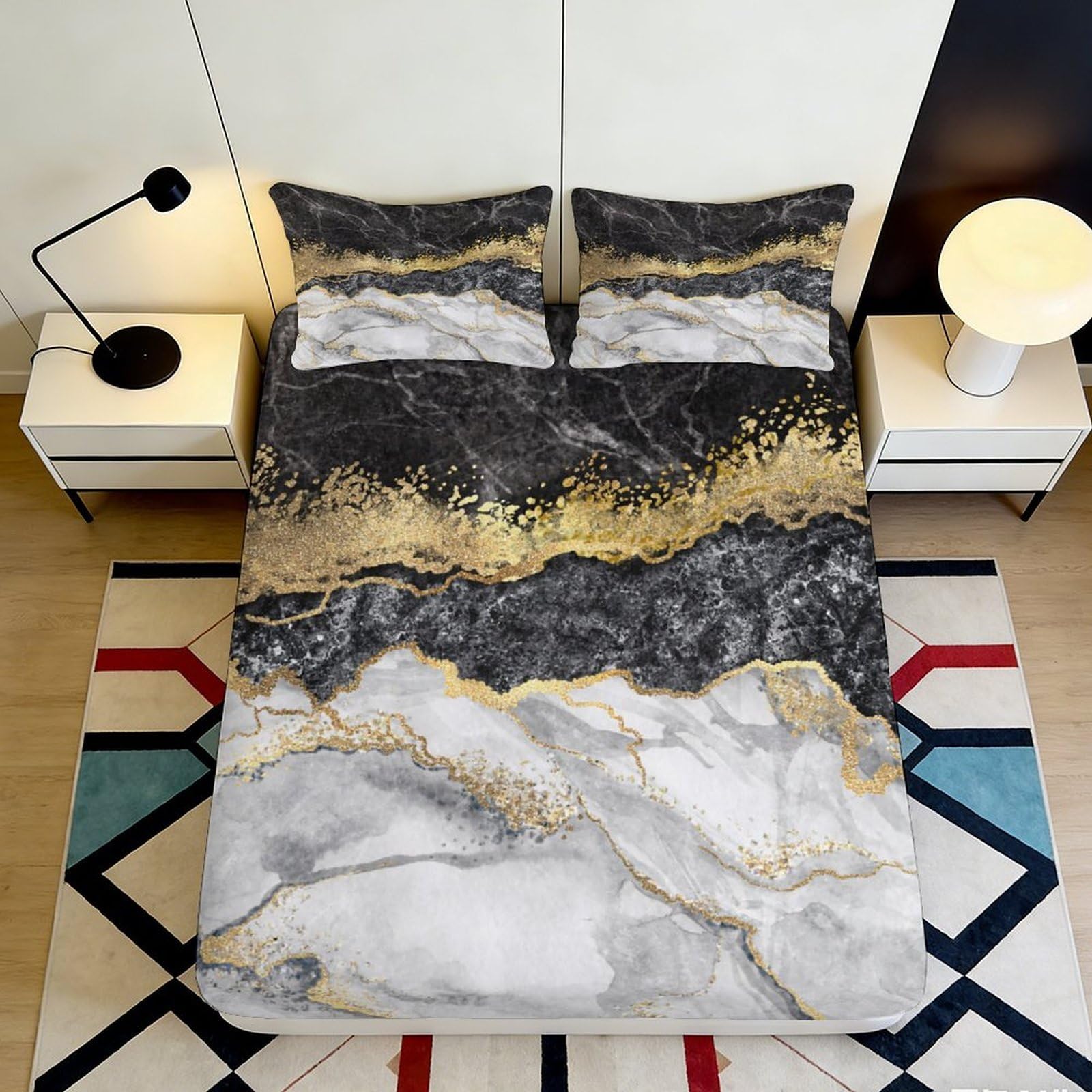3D Printed Black Gold Marble Fitted Sheet Microfiber Soft Bed Cover Abstract Art for Bedroom Guest Room Dorm Mattress Protection Decor 90x200x25cm