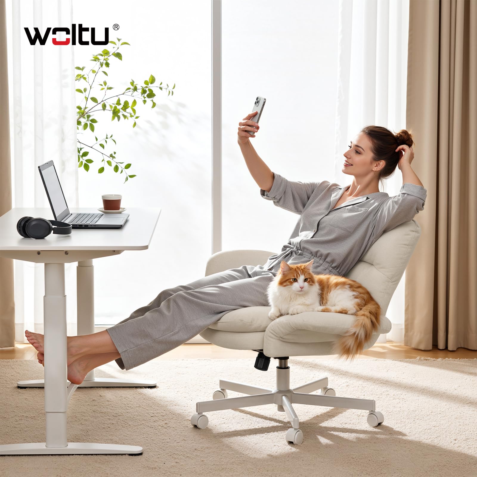 WOLTU Chaise de Bureau, Fauteuil de Bureau Ergonomique, Chenille, Beige | Accoudoirs Réglables sur 5 Niveaux, Pivotant, Double Coussin d'Assise, Poches Latérales et Hauteur Réglable