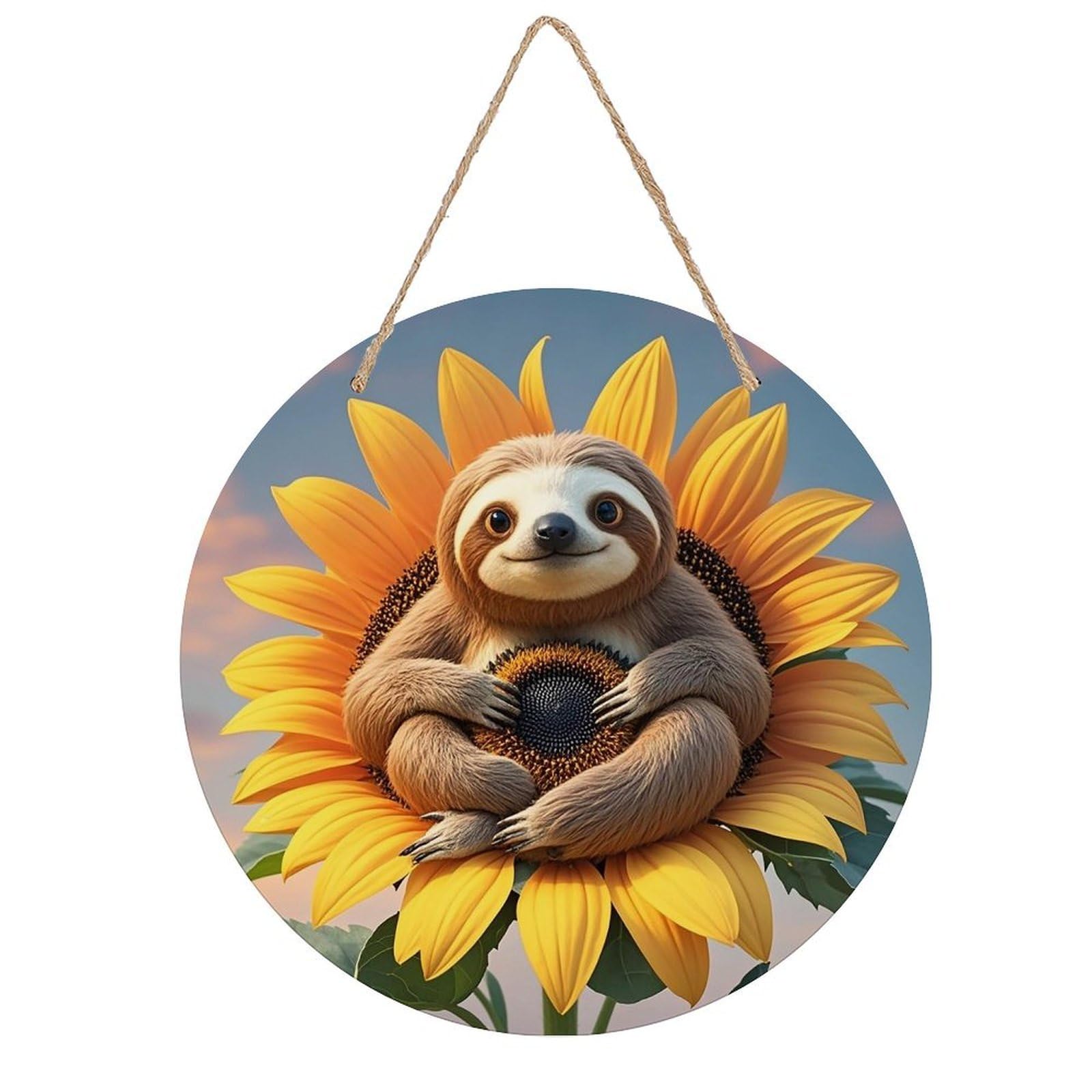 LZQPOEAS Sloth Sitting on Sunflower Wall Art Decor Round Wood Hanging Sign Rustic Vintage Wooden Door Hanger with Ropes Decorative Plaque Welcome Sign for Home Indoor Outdoor, 7.9x7.9 in