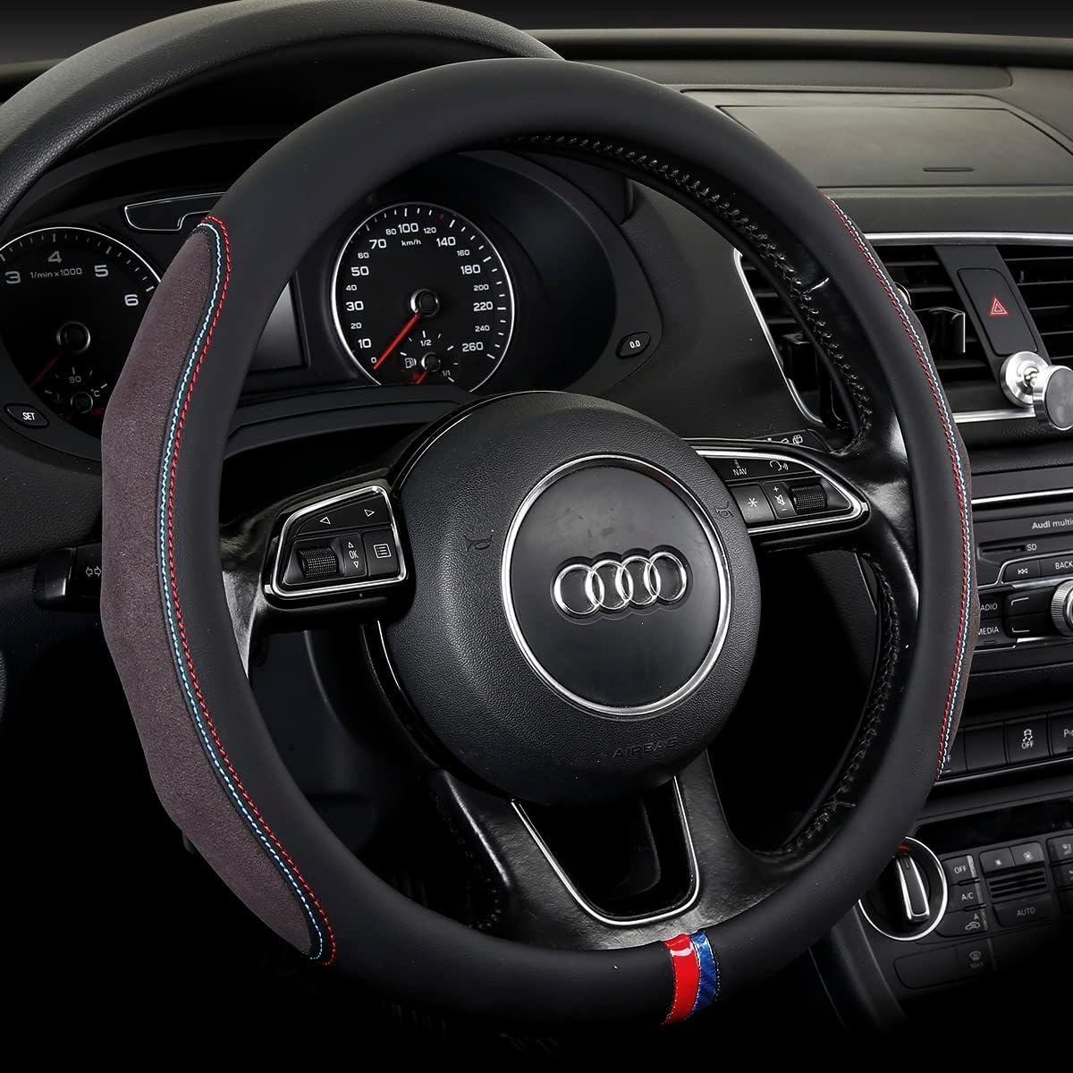 Faux Leather, Microfiber Car Steering Wheel Cover, Emboss Holes, Soft Padding Great Hand Feel, Anti-Slip Matte Finish (BLACK5)-image-25