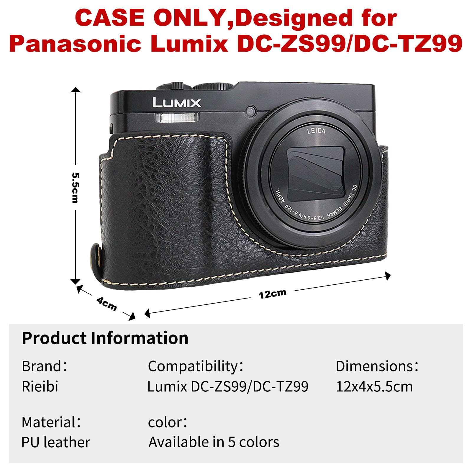 Rieibi TZ99 Étui en Cuir PU pour Appareil Photo Panasonic Lumix DC-TZ99, étui de Protection Amovible avec bandoulière réglable