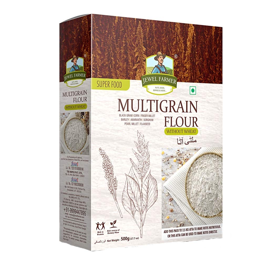 JEWEL FARMER Multigrain Flour Nutritious Mix Atta of Black Gram, Flaxseed, Pearl Millet, Finger Millet, Corn, Barley, Amaranth & Sorghum (500g) (B0915X1F4Y) Amazon Price History, Amazon Price Tracker