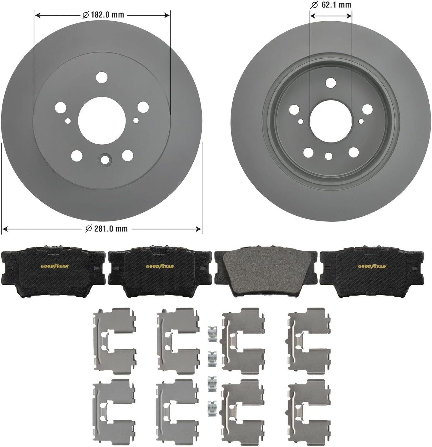 Goodyear Brakes PRK75830R | Rear Premium Brake Kit with Pair (2) of AntiOx Coated Brake Rotors and Ceramic Brake Pads fits Lexus ES350 12-07; Toyota Avalon 12-08, Camry 11-07