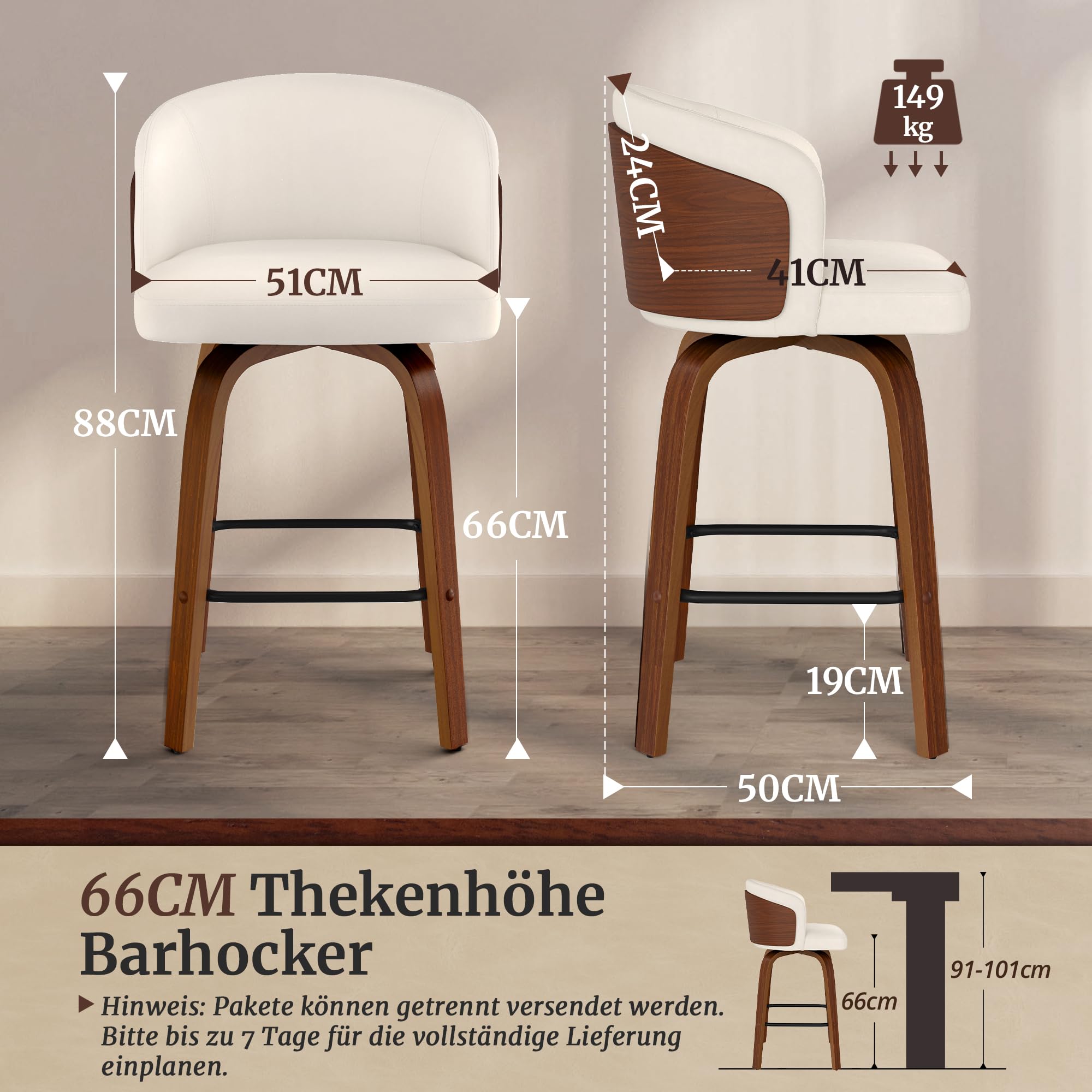 LUE BONA Barhocker 2er Set, 360° drehbarer Barhocker mit Lehne, 65cm Sitzhöhe, Kunstleder & Massivholz, Barstuhl mit Holzbeine und Fußstütze, Barstühle für Bar, Esszimmer, Kücheninsel, Cremeweiß
