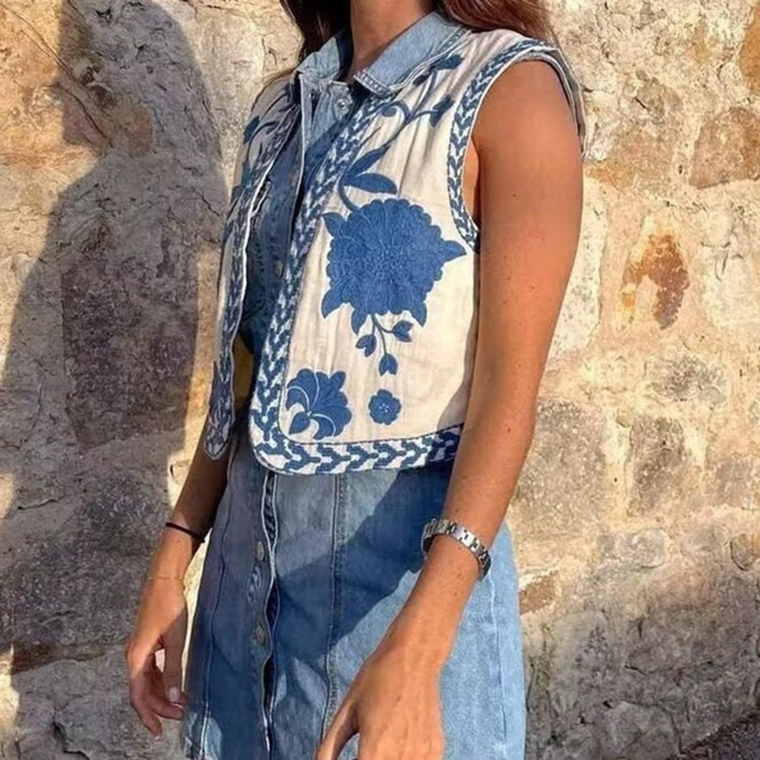 hathne Women's Floral Embroidered Vest Boho Vintage Sleeveless Open Front Cardigan Shirt Vests Waistcoat