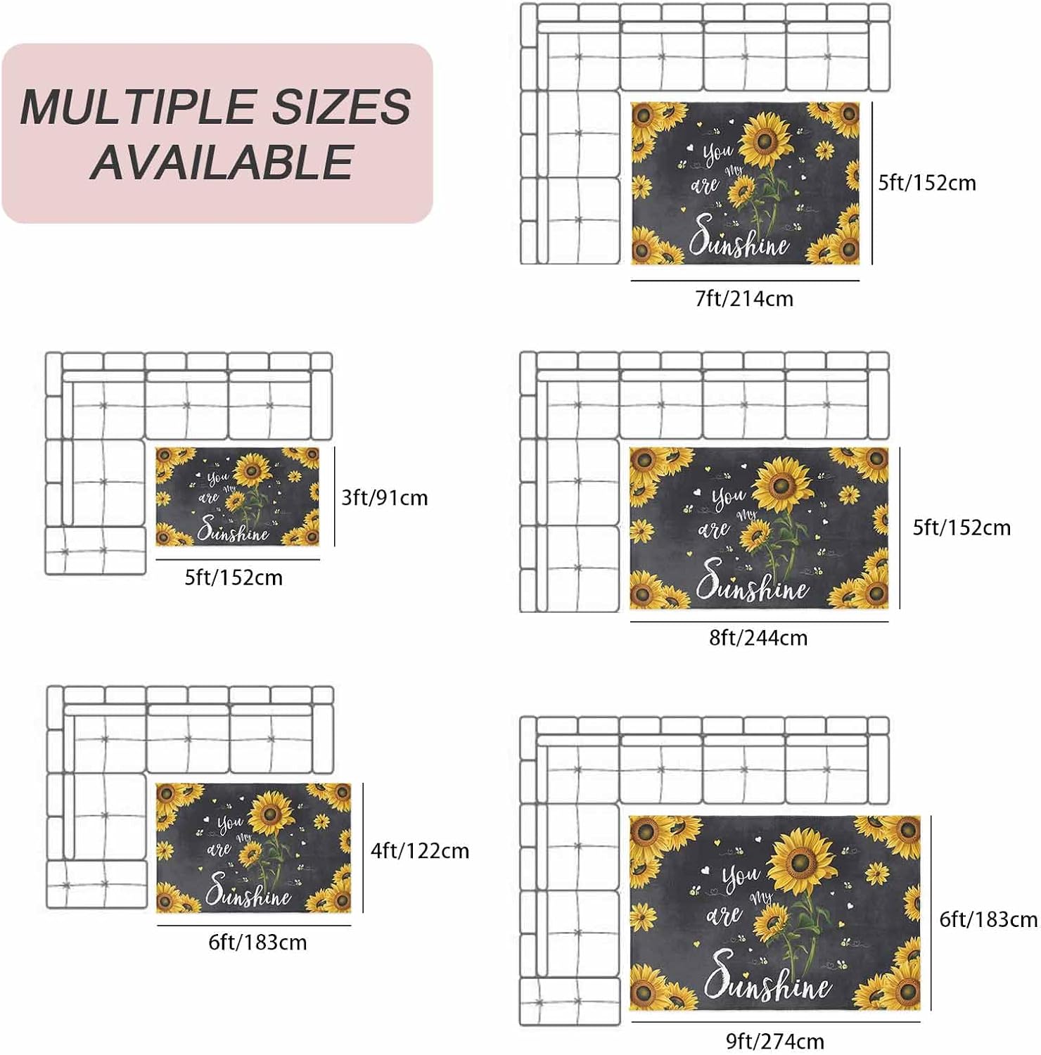 Outdoor Rug 6x9 ft Yellow Sunflower Bees Outdoor Large Area Rug Non Slip Rubber Floral Black Washable Front Door Mat RV Rug Camping Carpet Patio Outdoor Rugs for Backyard Balcony Deck Porch Indoor