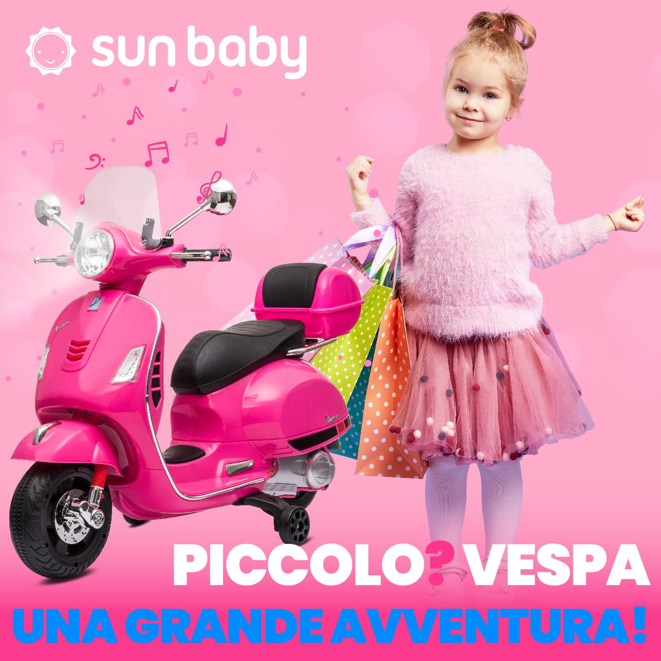 Moto elettrica per bambini Vespa, Motocicletta con ruote e sedile in plastica, bagagliaio, lettore MP3, presa AUX USD MicroSD (Fuchsia)