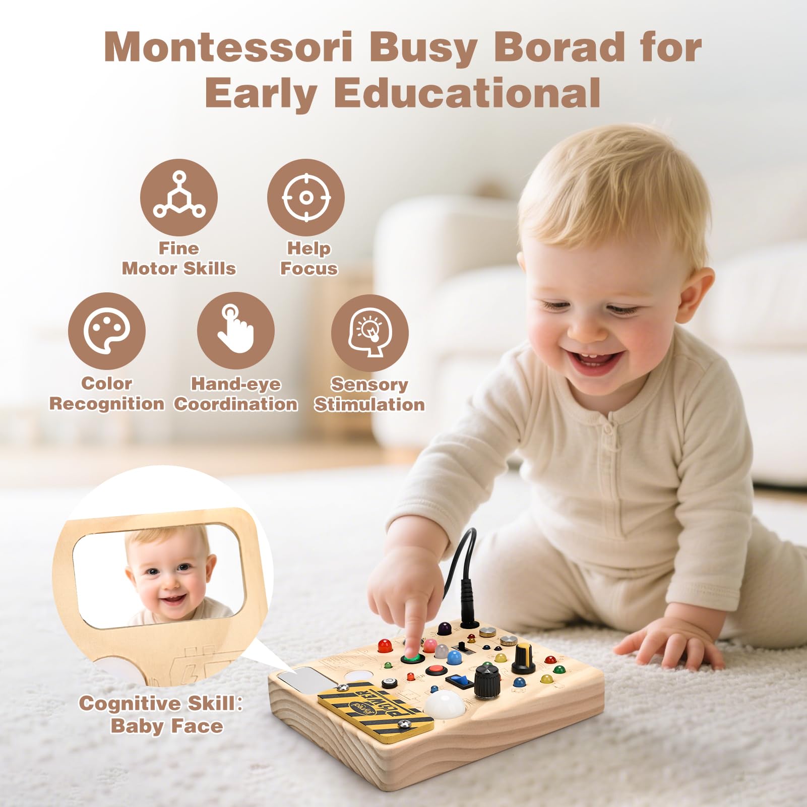 Joyreal Montessori Busy Board for Toddlers LED Activity Board with Hand Crank Generator, 22 LED Lights & 11 Switches - Image 4