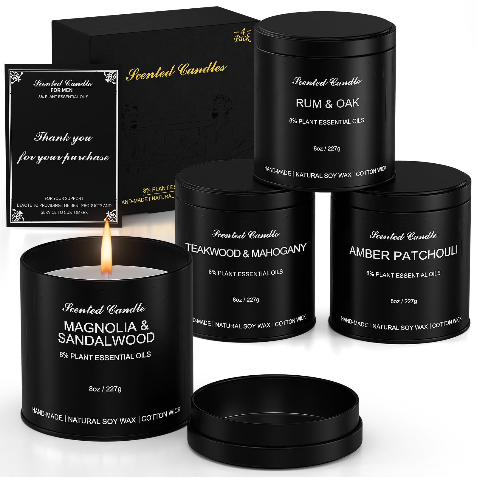 4-Pack Scented Candles for Men | Teakwood & Mahogany, Magnolia & Sandalwood, Rum & Oak, Amber & Patchouli | Soy Wax Blend | Ideal for Father's Day Birthday Gift for Him