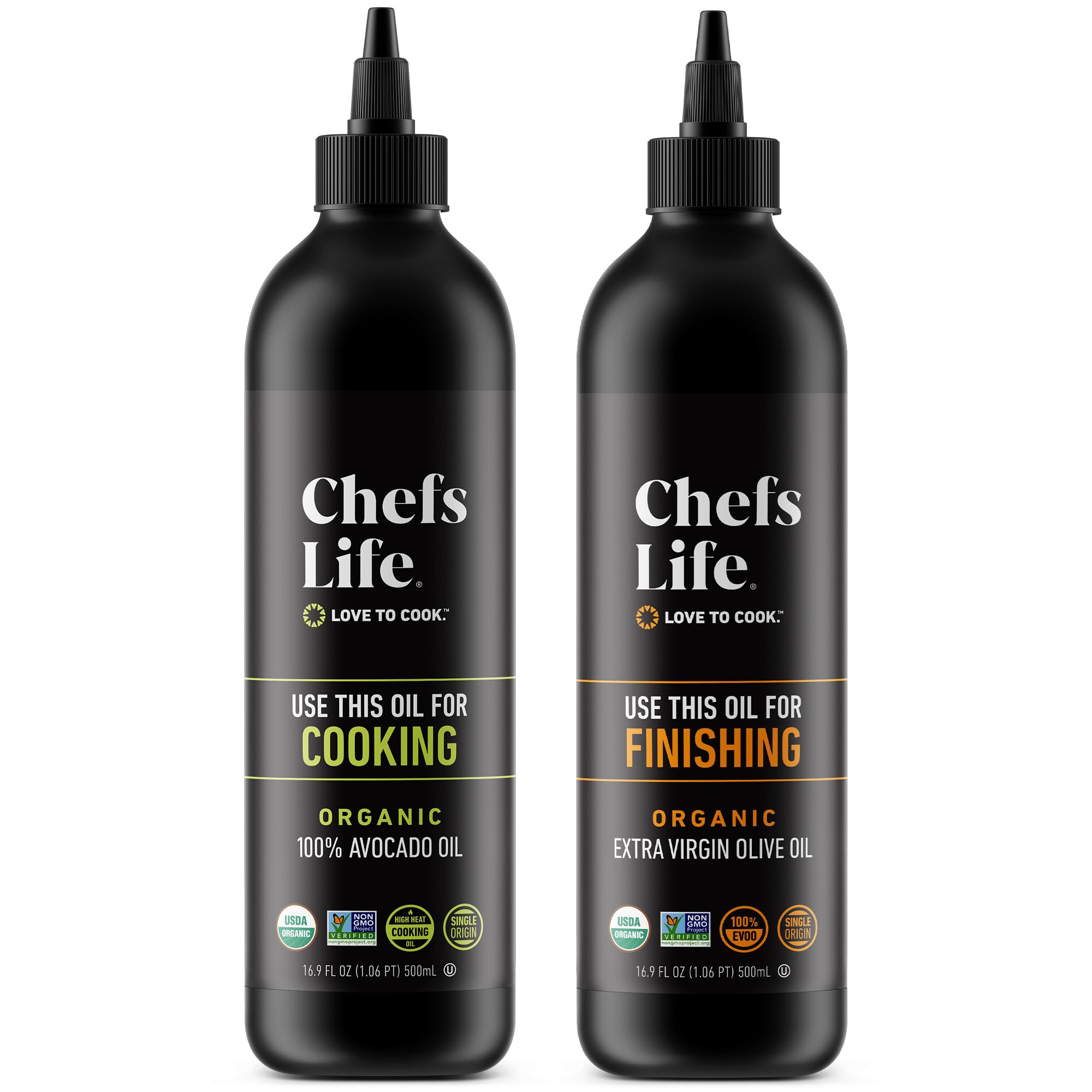 Chefs Life Organic Cooking Oil & Finishing Oil 2 Pack - Extra Virgin Olive and Avocado Oil, EVOO, Gift Set for Dipping, Dressing, Cooking, Single Origin, Non GMO - 16.9 Fl Oz (2 Bottle Gift Set)USDA Organic