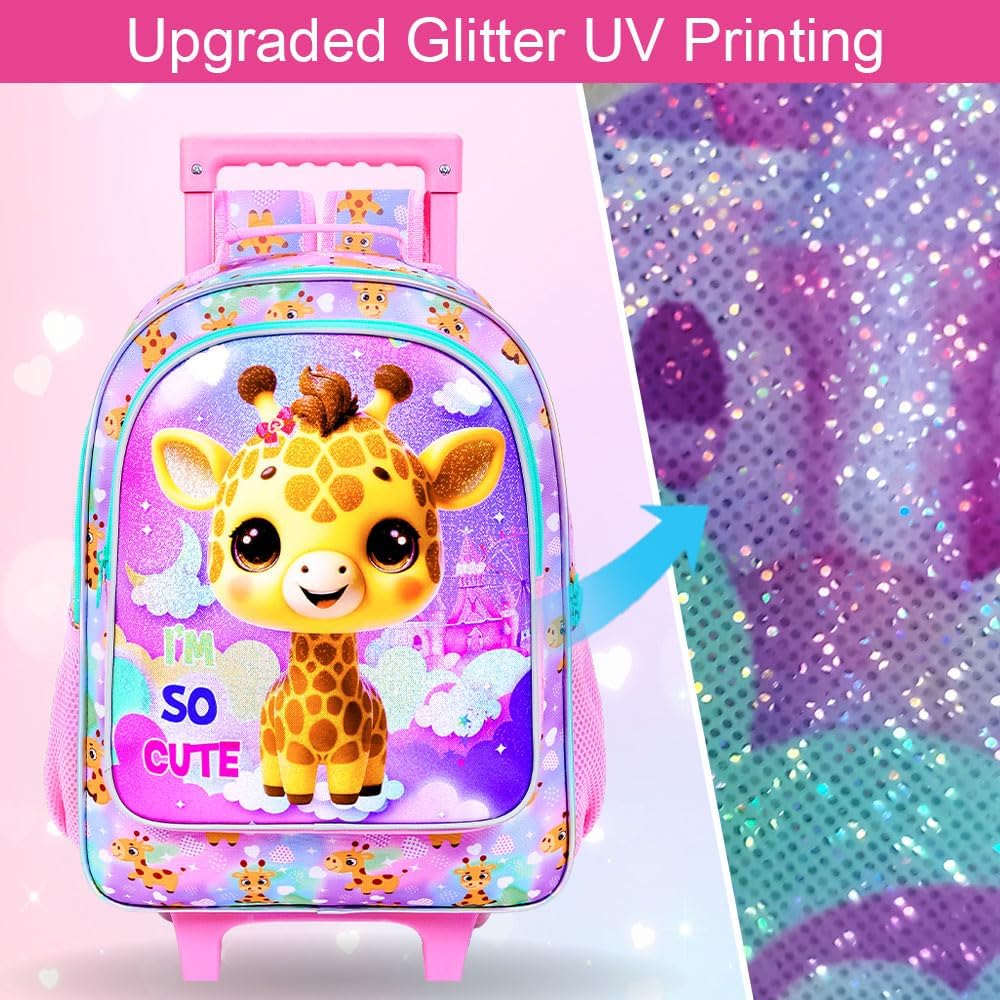 3PCS Giraffe Rolling Backpack for Girls, Kids School Backpacks with Wheels, Water Resistant UV Printed Roller Wheeled Bookbag Set