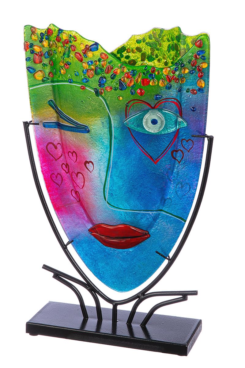 GILDE GLAS art große Deko Vase Gesichtsvase - handbemalte Glasvase mit Metall Ständer - Dekoration Wohnzimmer Höhe 49 cm mehfarbig