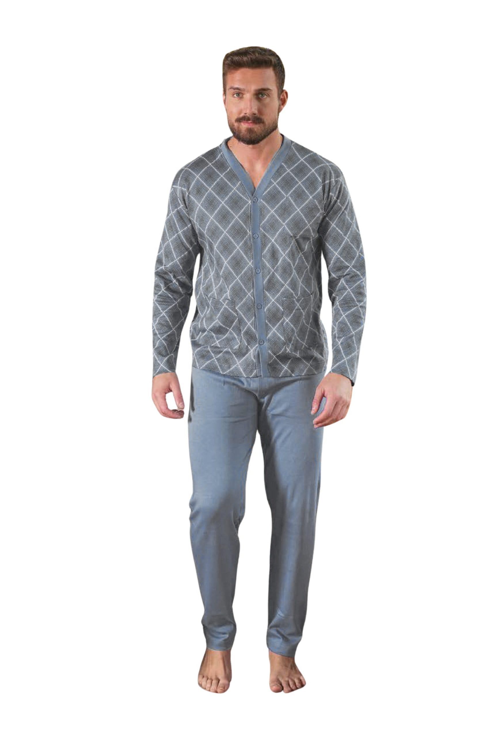 Leo Corsetteria Pigiama per Uomo Lungo 100% Caldo Cotone Invernale Aperto Bottoni Tre Tasche