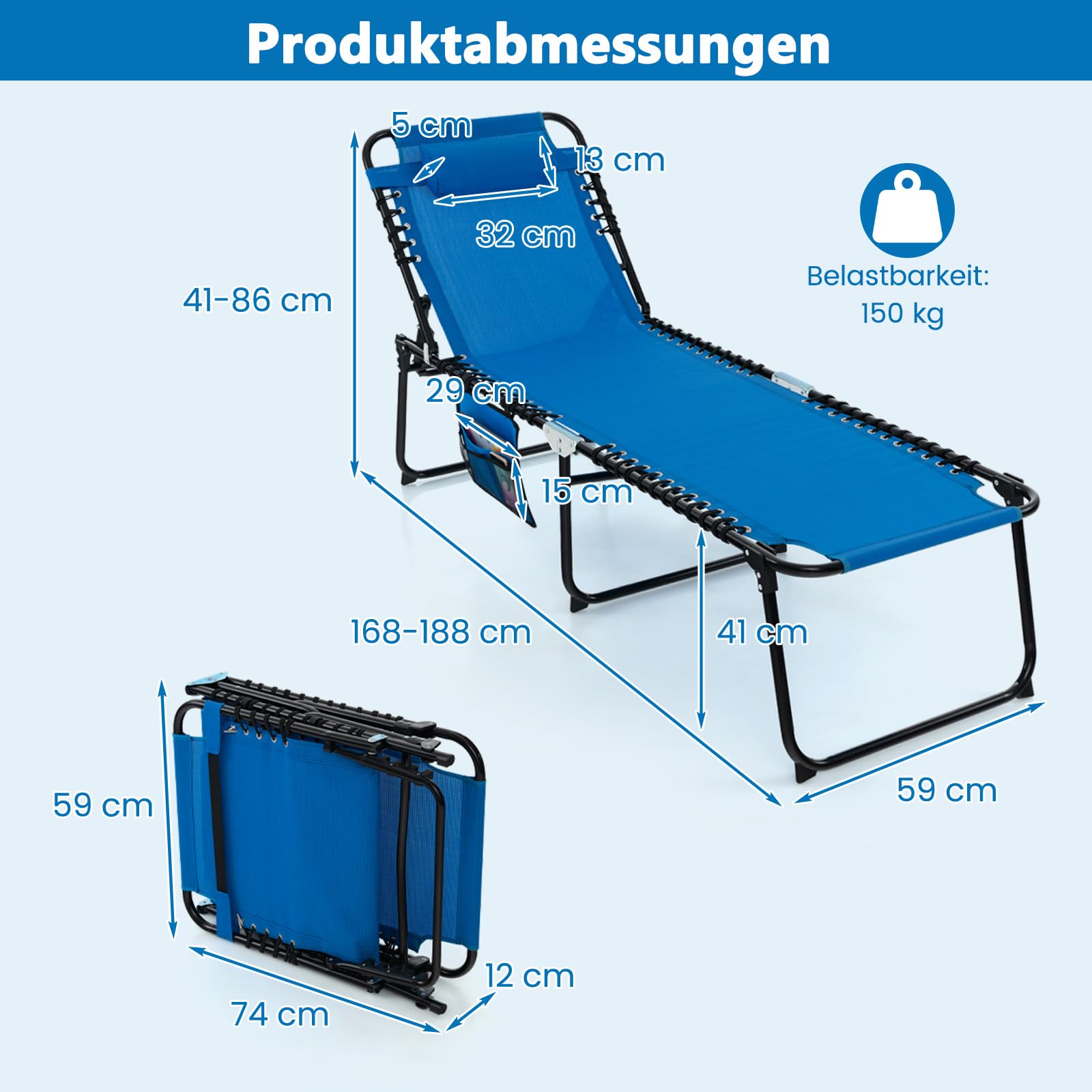 Zonneligstoel met gezichtsopening, inklapbare ligstoel en 5-voudig verstelbare rugleuning, strandstoel, ligstoel voor tuin en zwembad
