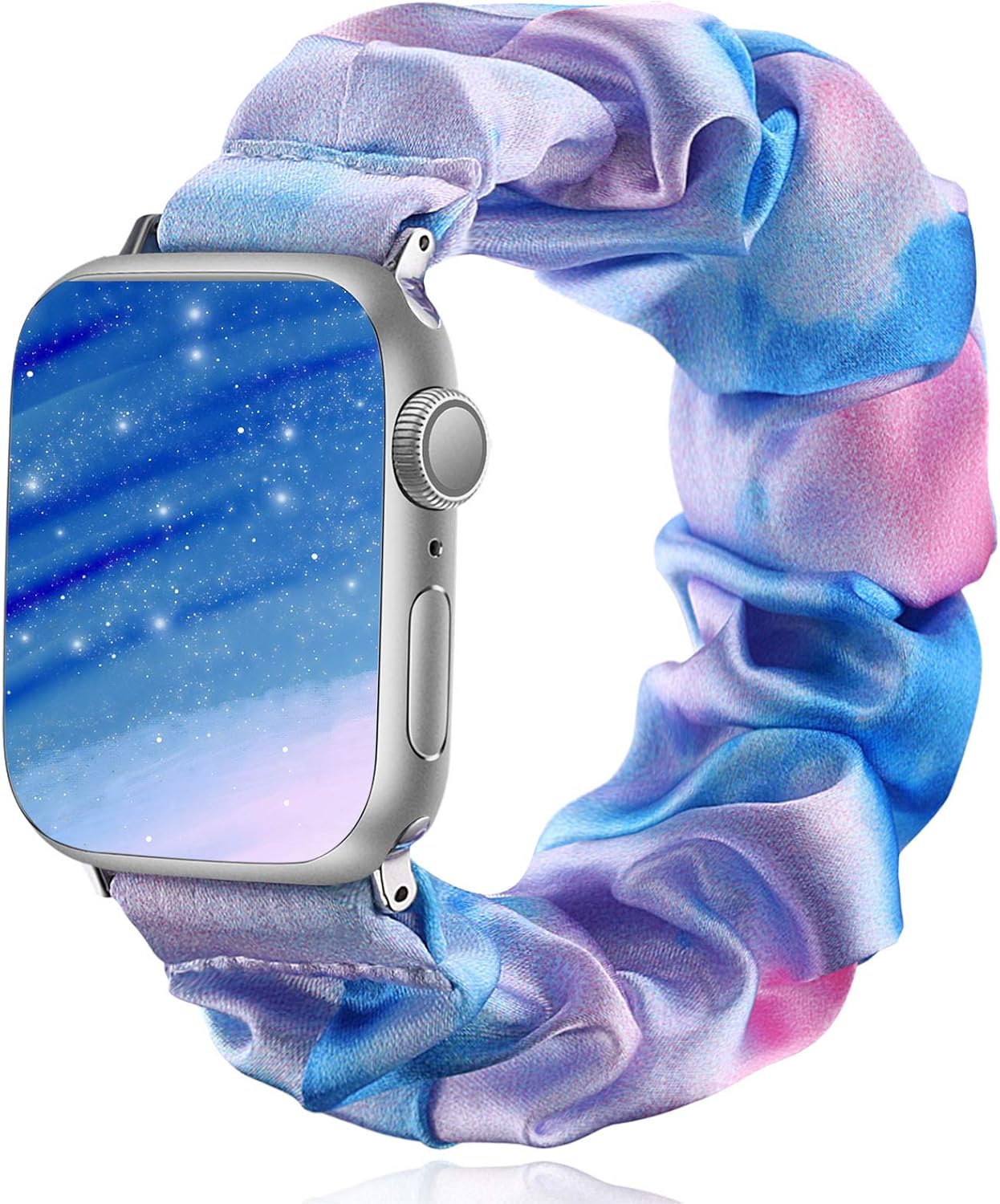 Henva Compatible with Apple Watch SE Band Scrunchies 38mm Series 3/2/1, for Women Girls, Soft Cute Elastic Scrunchy Pattern Printed Wristbands Replacement for iWatch 40mm Series 6, Blue Pink, S/M