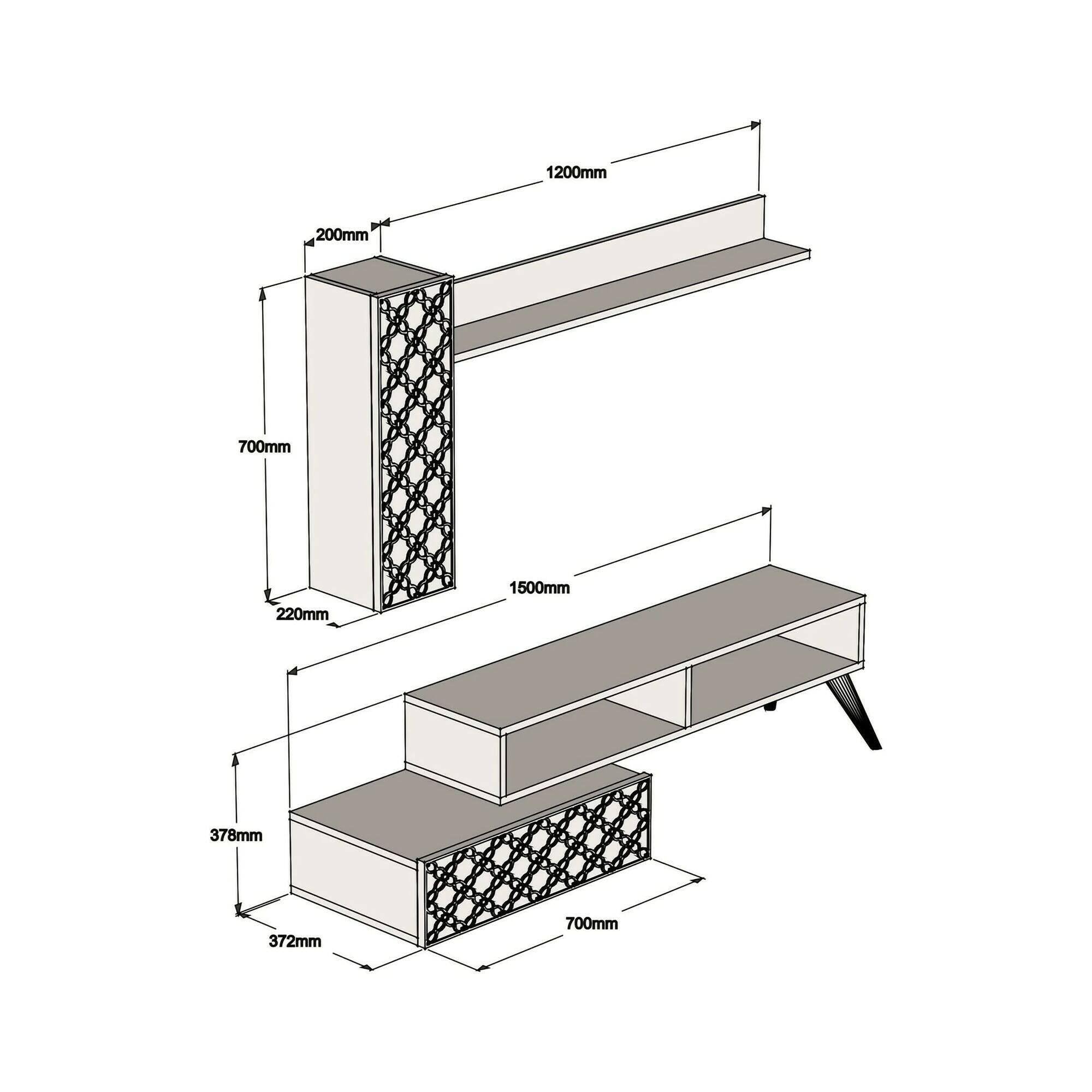 Dmora Mur équipé Sterope, Composition Salon, Meuble Salon Polyvalent, Armoire TV 150 x 37 x 38 cm, Noyer et Blanc