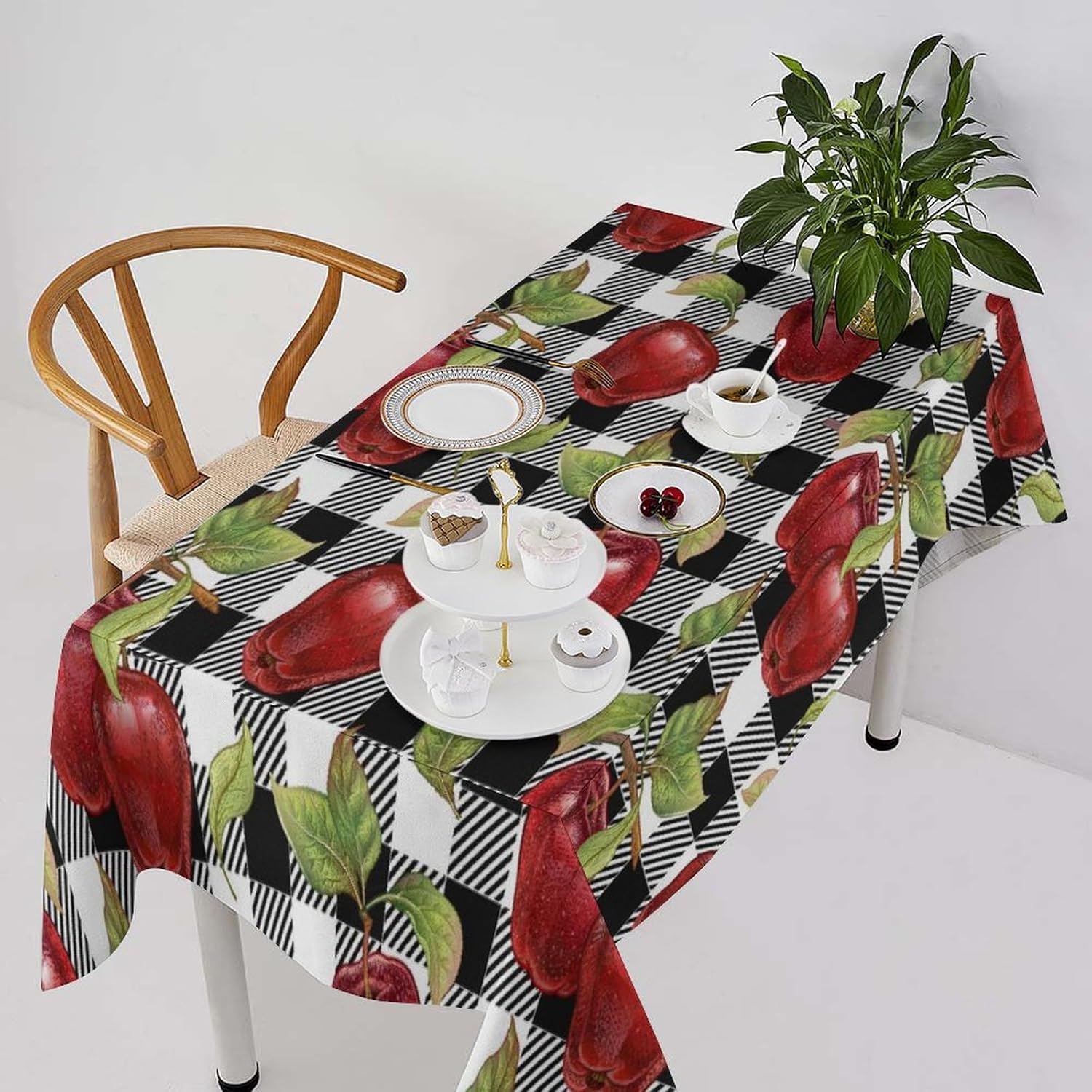 Fresh Apple Tablecloth, Rustic Retro Black Buffalo Check Plaid,Red Apple Print Table Cloth Cover for Kitchen Dining Table Indoor Outdoor Party Camping Decor 55x55in