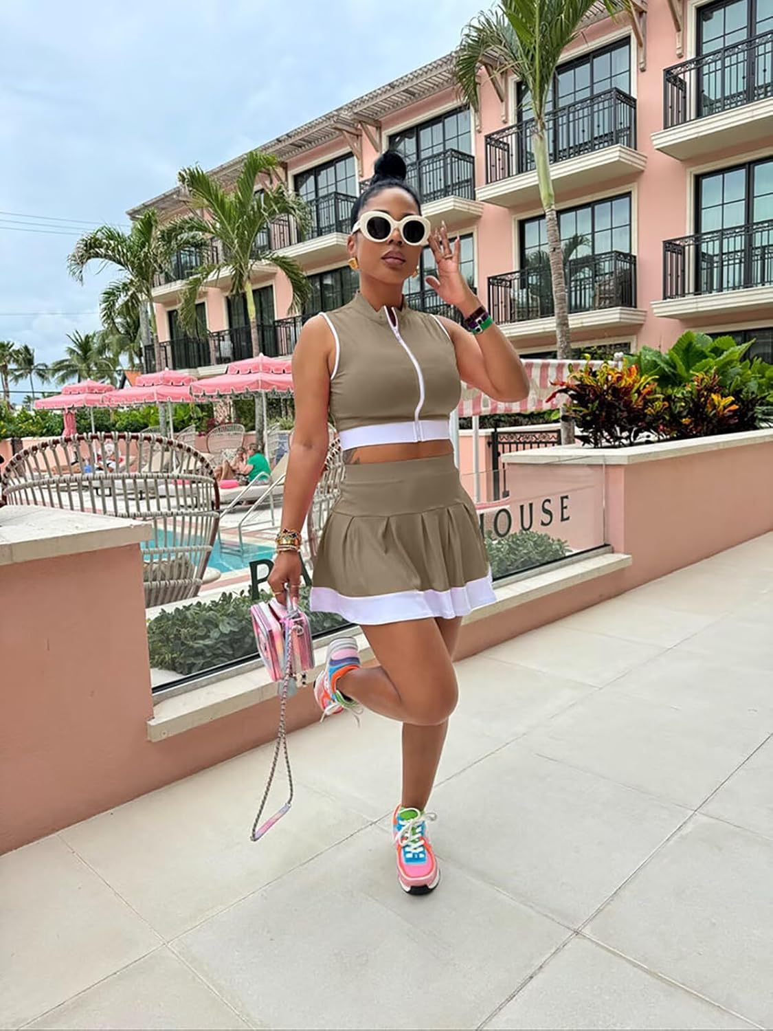 Ophestin Women 2 Piece Outfits Colorblock Workout Tennis Skirt Sets Zipper Crop Top Pleated Mini Dress Going Out Party - Image 3