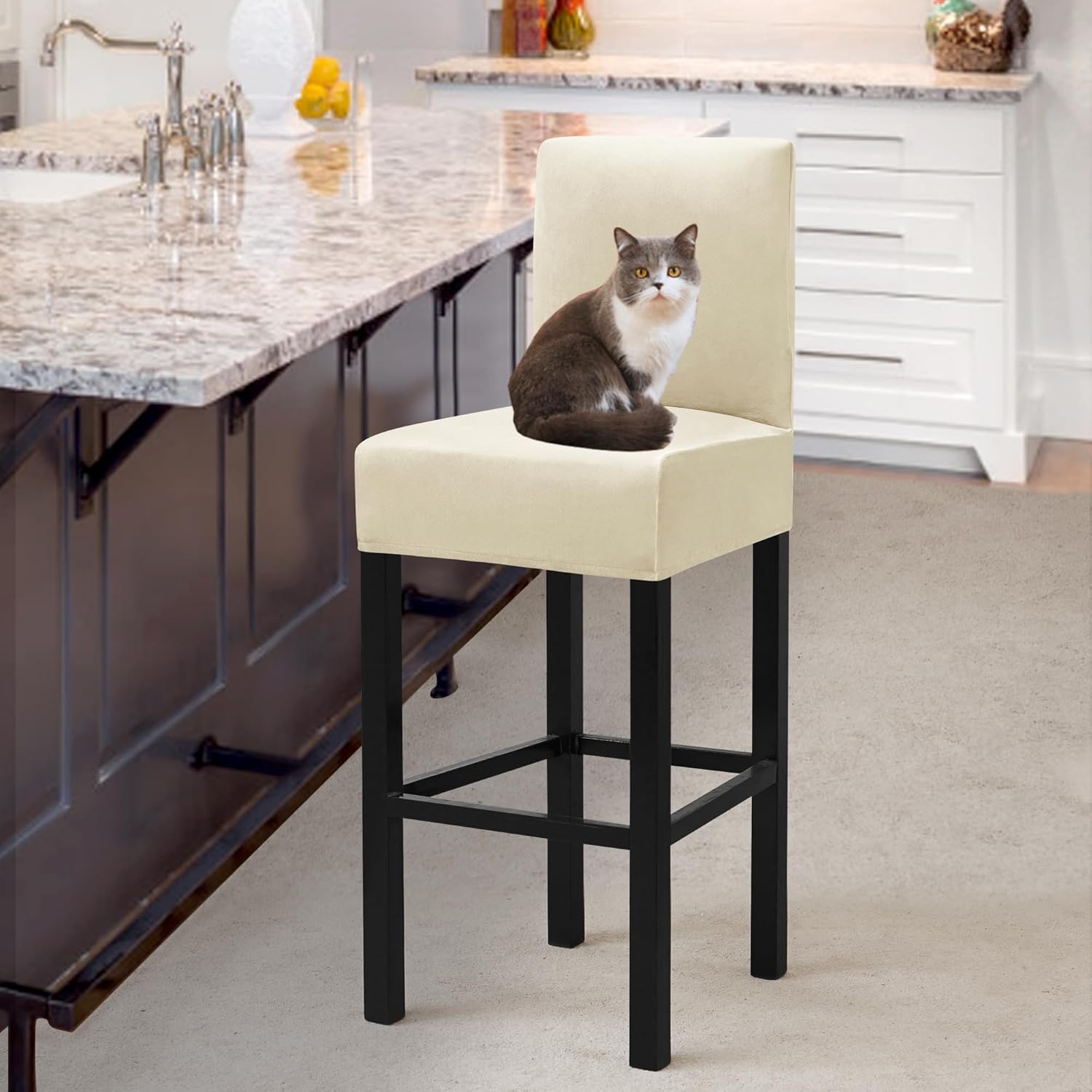 HFCNMY Bar Stool Covers,4 Pack Stretch Bar Stool Covers with Backs Velvet Bar Stool Covers Barstool Seat Cover Washable Bar Chair Covers High Chair Cover with Elastic Bands Beige