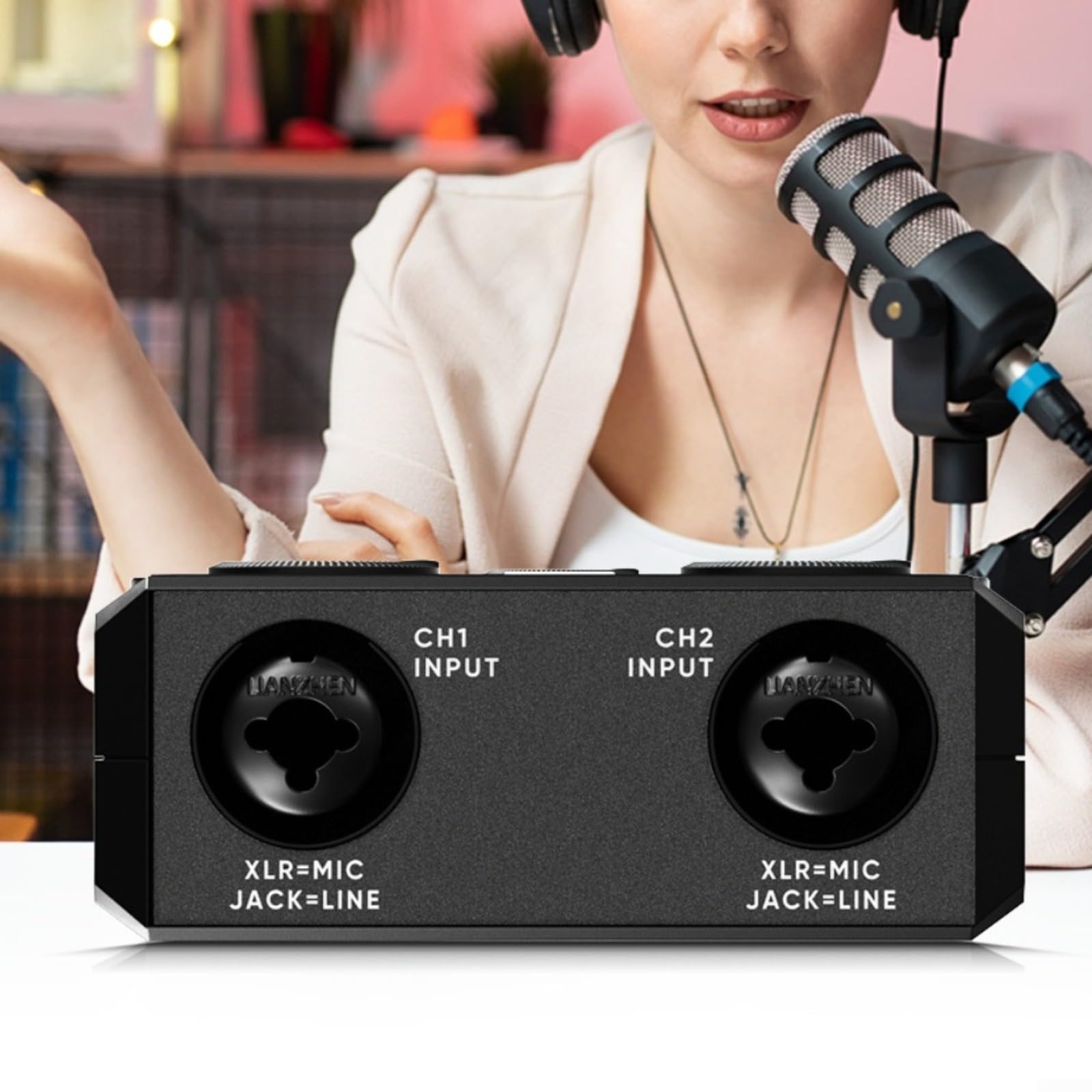 Tarjeta de sonido externa compacta para transmisión en vivo, adaptador de audio USB con alimentación de 48 V y cancelación de ruido, diseño ABS resistente para PC y dispositivos móviles