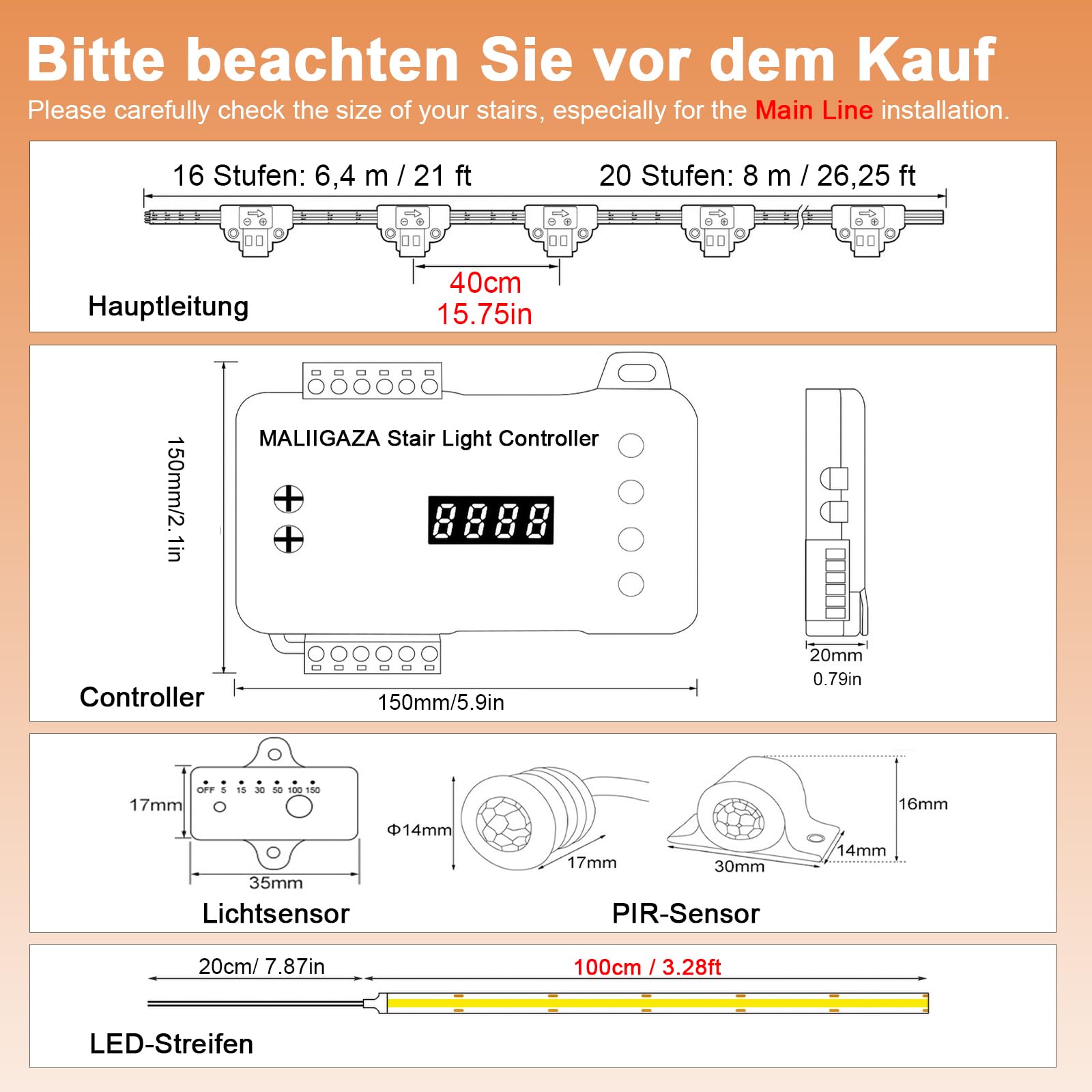 Iluminación inteligente para escaleras, 20 peldaños, luz blanca fría 6000 K, tira de luz LED COB con detector de movimiento y sensor de luz, iluminación automática de peldaños de escalera