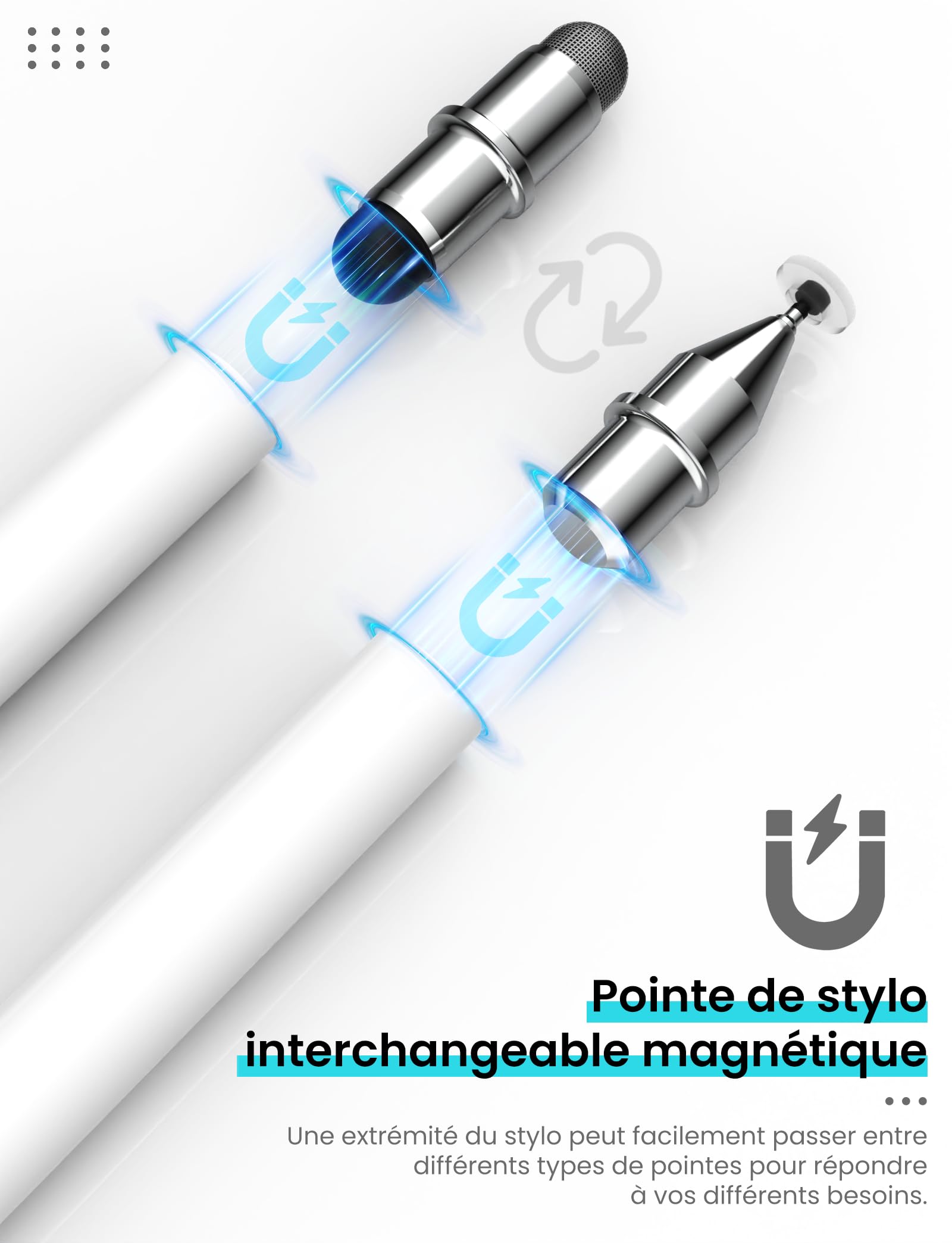 MEKO Stylet Tactile Magnétique 3 en 1 pour Tablette avec Embout Fibre Caoutchouc Disque - Blanc