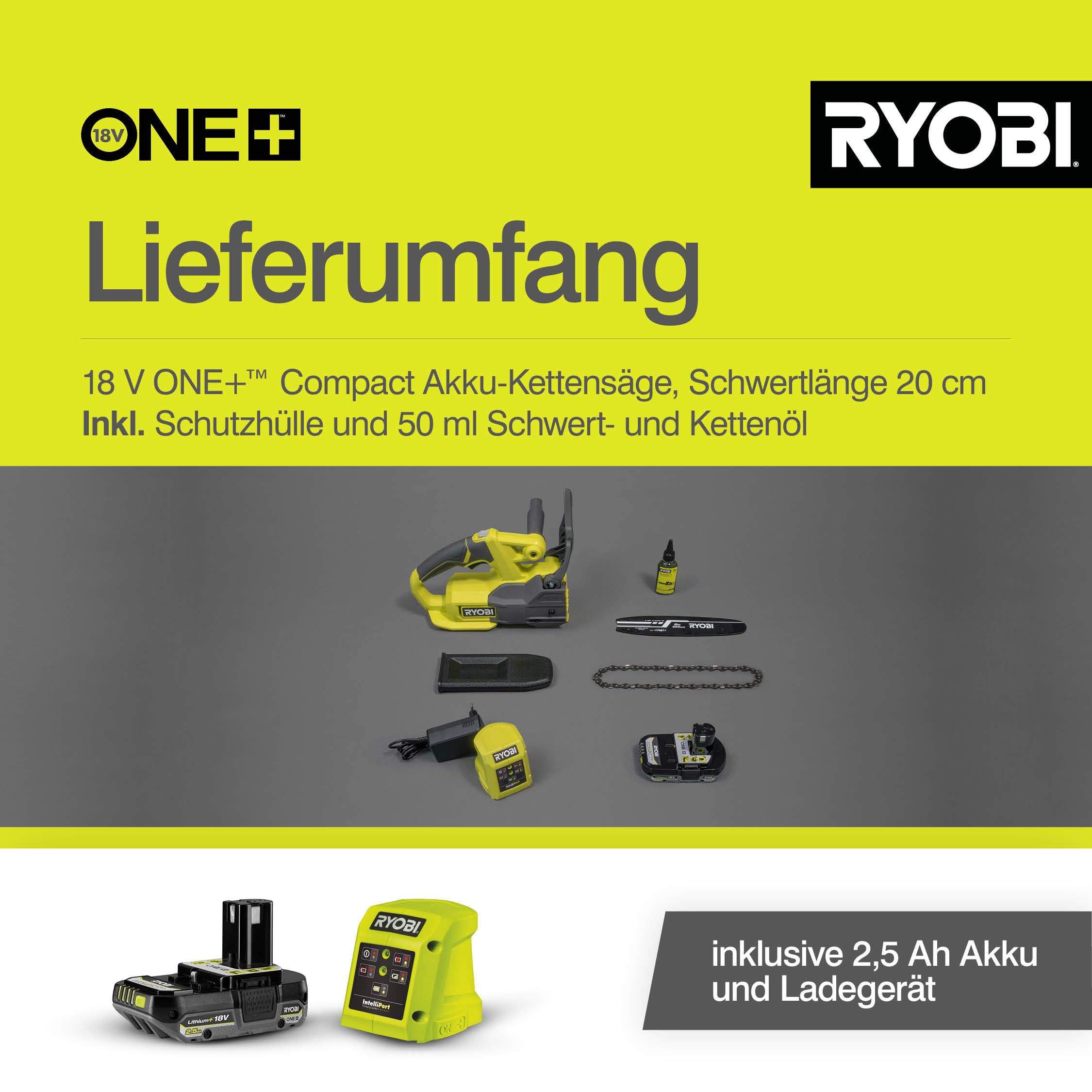 RYOBI 18 V ONE+ Akku-Kettensäge RY18CS20A-125 (Schwertlänge 20 cm, inkl. 1 x 2,5Ah Akku und Ladegerät im Karton)
