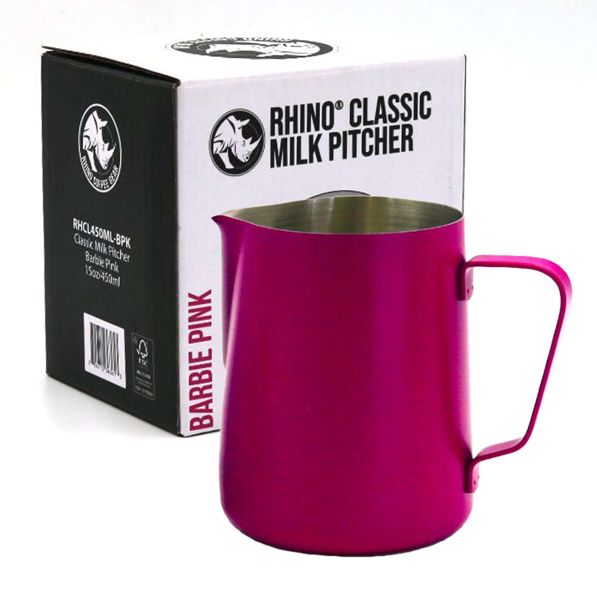 Rhino Classic Milk Pitcher 450ml/15oz (Pink) - Stainless Steel | Use with Your Coffee Machine or Frother for a Latte or Flat White