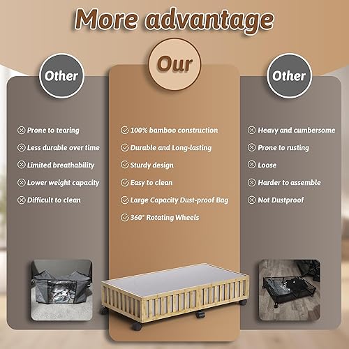 Miniatura 5 de Contenedores de almacenamiento de bambú para debajo de la cama con ruedas, paquete de 2 cubos grandes para guardar zapatos debajo de la cama,